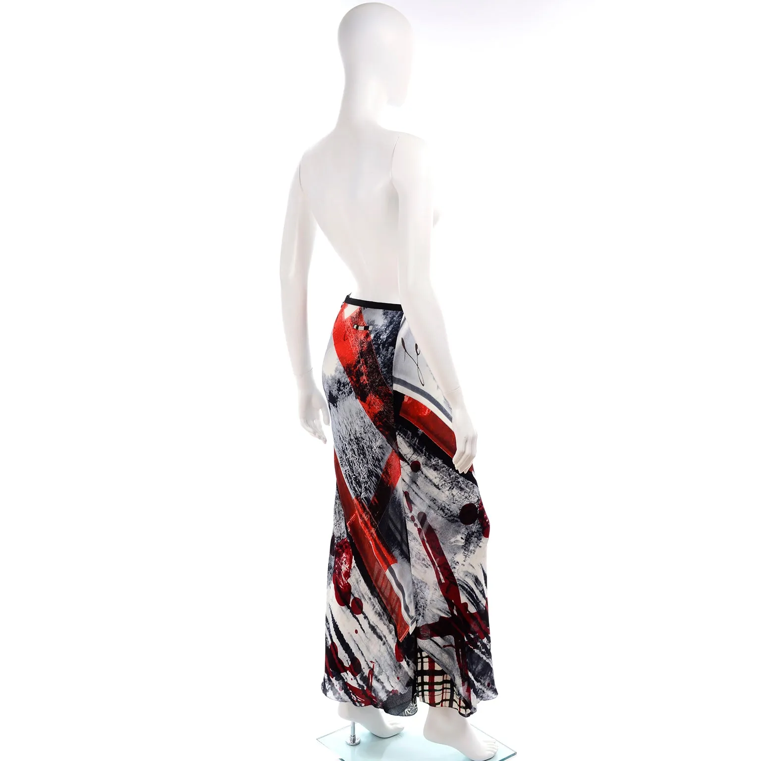 1990s Jean Paul Gaultier Semi Sheer Abstract Red & Black Maxi Skirt