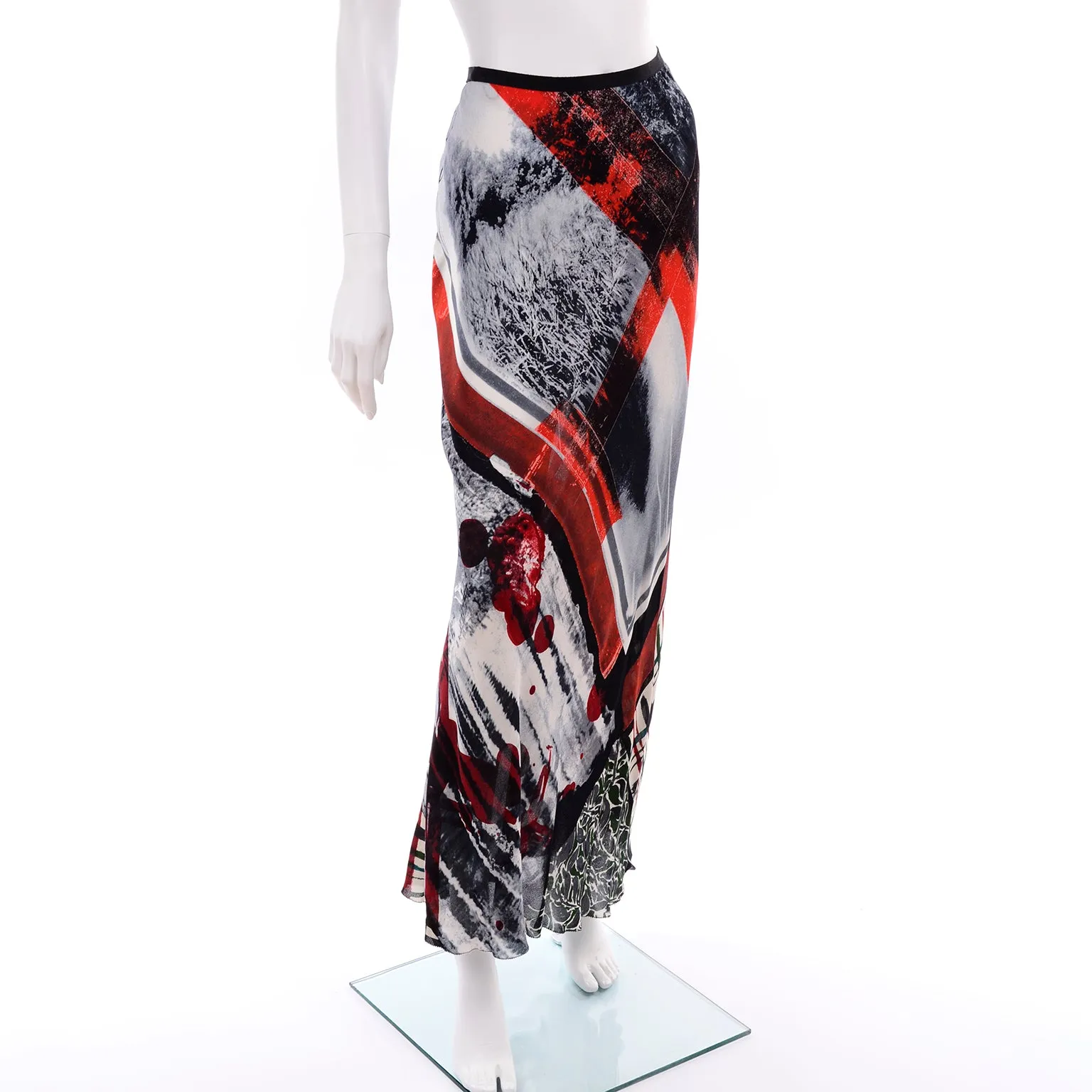 1990s Jean Paul Gaultier Semi Sheer Abstract Red & Black Maxi Skirt