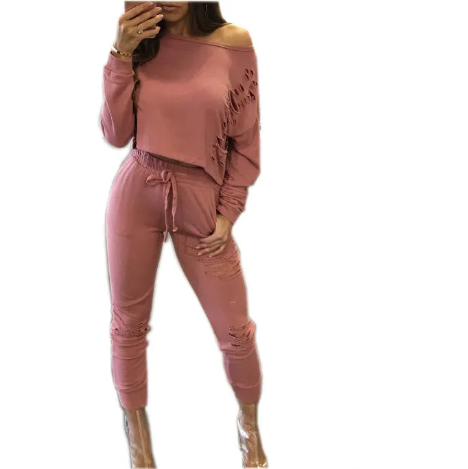 2 piece Women Pants and Crop Top Suit Sexy Hollow Out Sexy Holes Sportswear Tracksuit