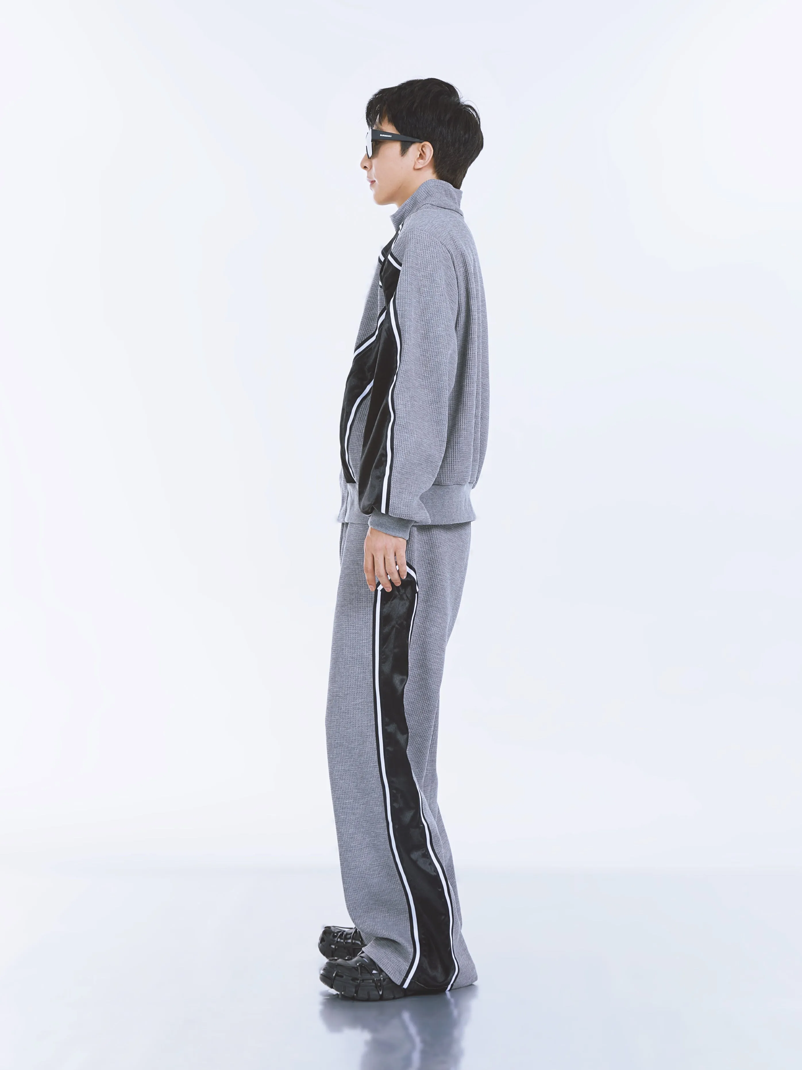 【23s September.】Striped Patchwork Waffle Sweatshirt Wide-Leg Pants Suit -M