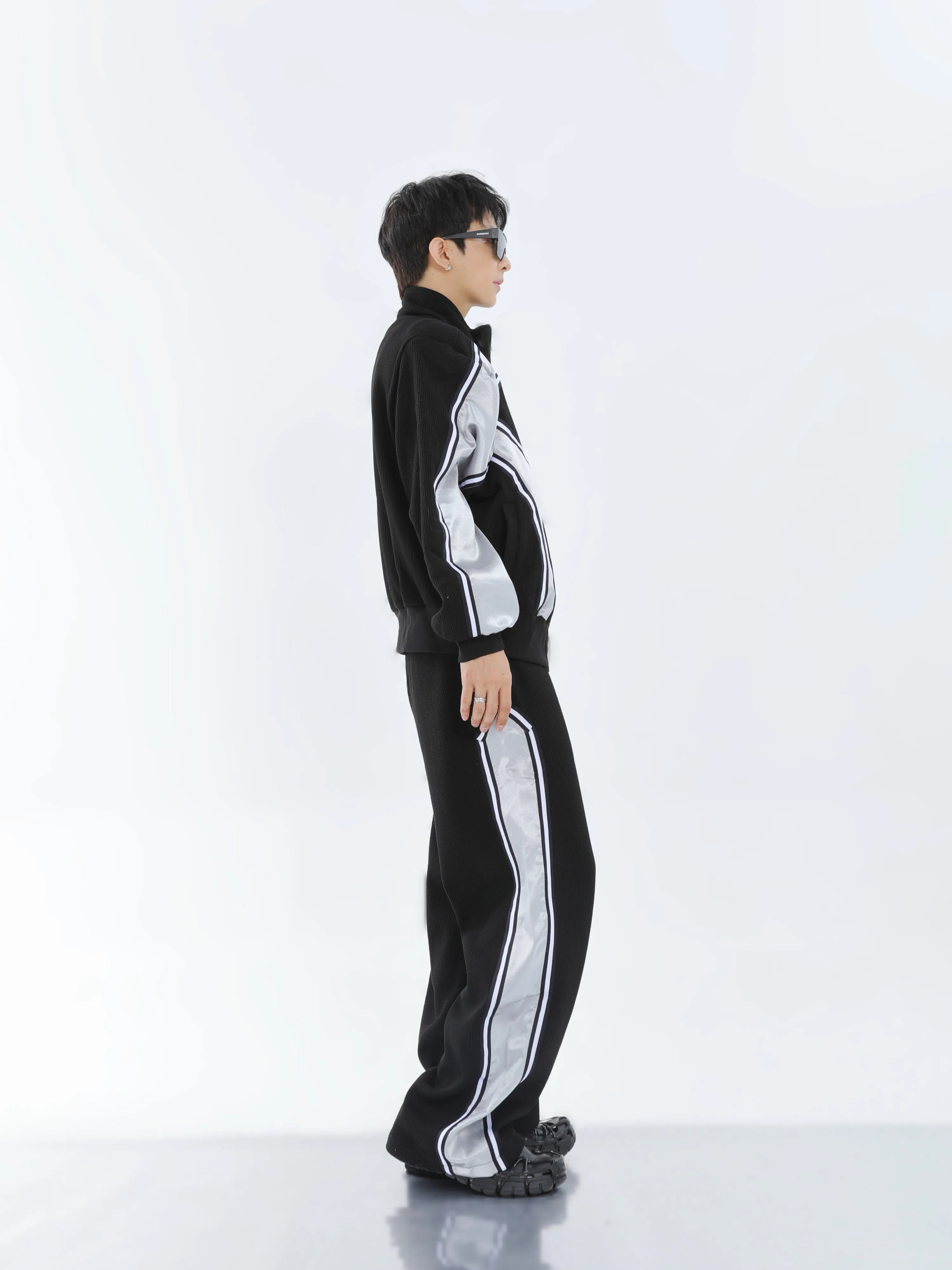 【23s September.】Striped Patchwork Waffle Sweatshirt Wide-Leg Pants Suit -M