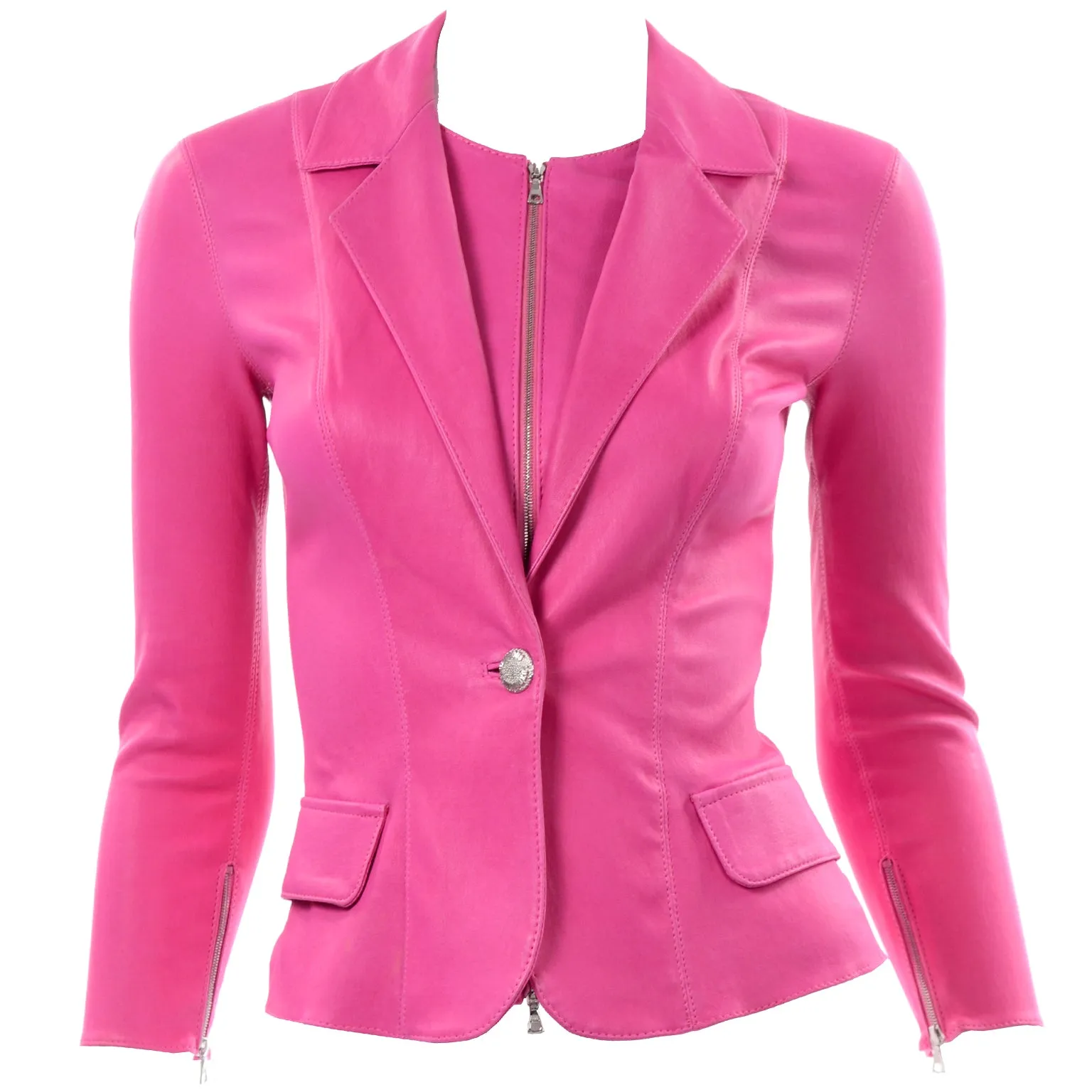 Aphero Hot Pink Lamb Leather Blazer Jacket W Built In Top