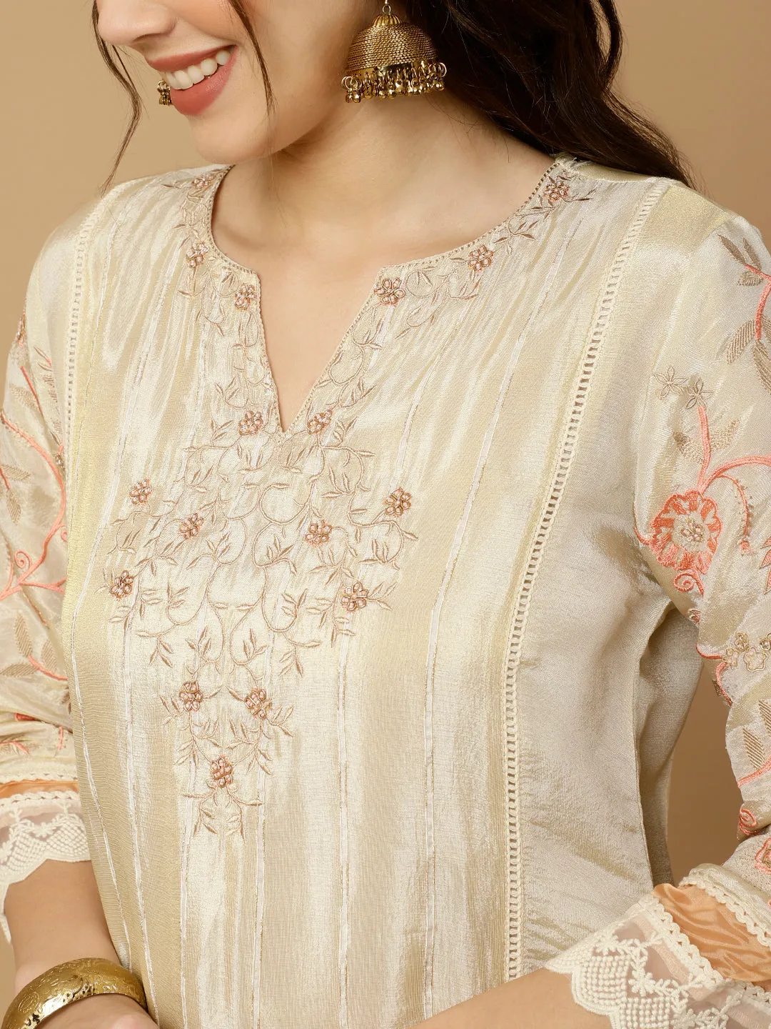 Beige & Peach Zarodosi Jacquard Silk Kurta With Pants And Dupatta