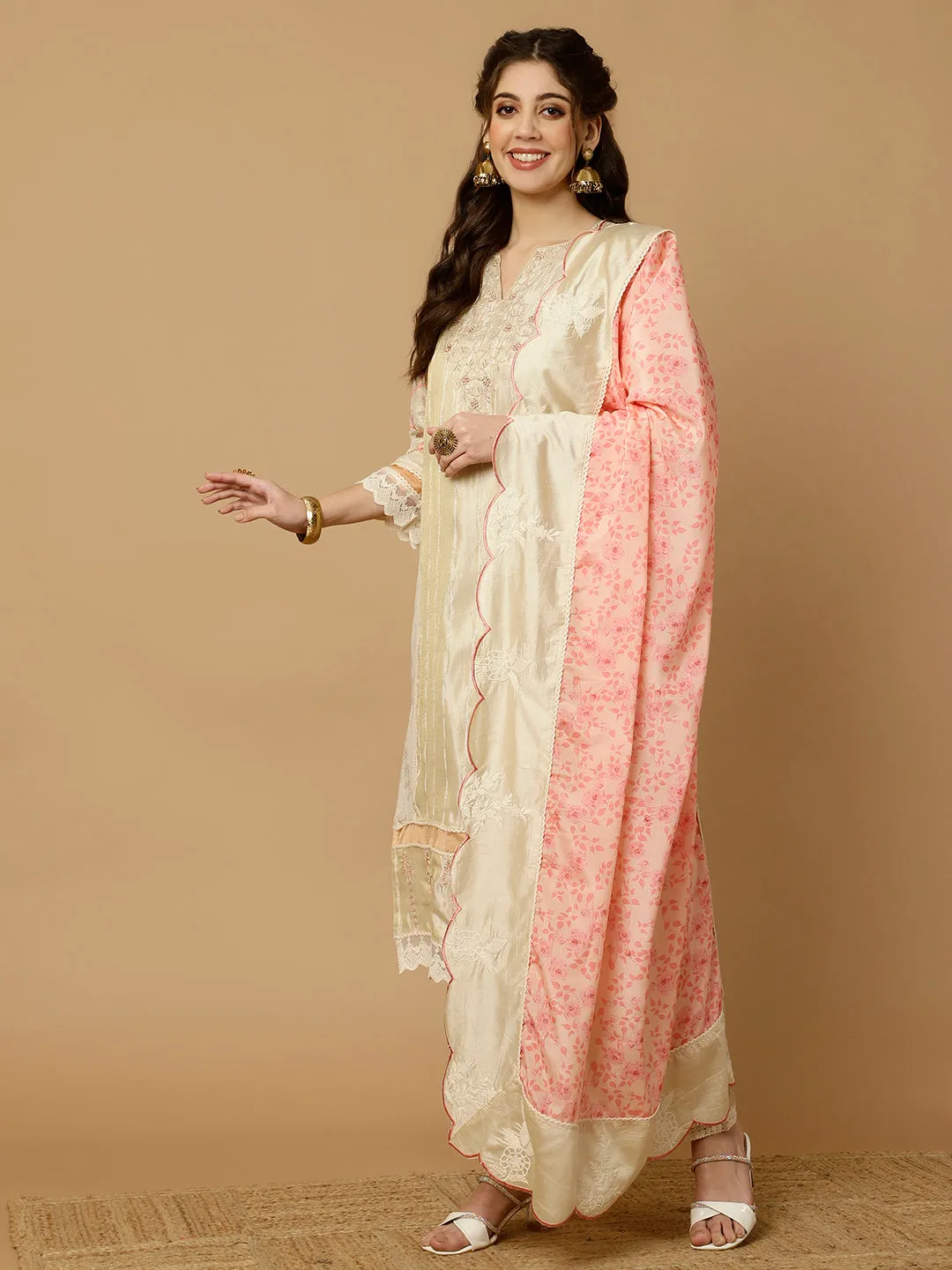 Beige & Peach Zarodosi Jacquard Silk Kurta With Pants And Dupatta