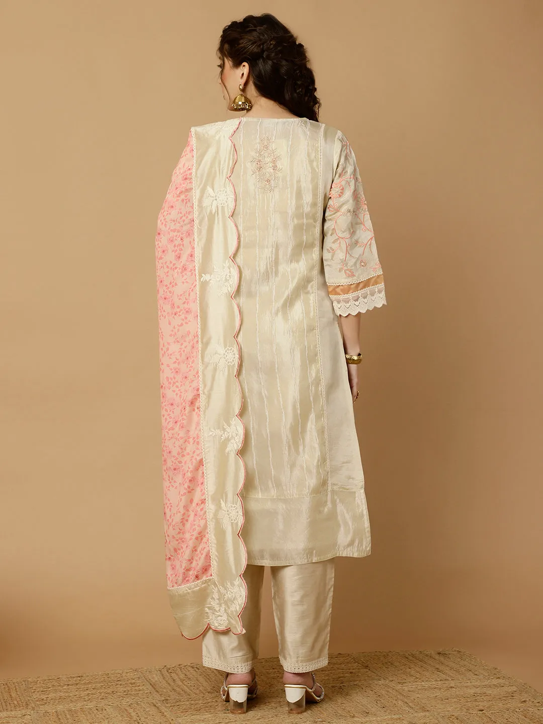 Beige & Peach Zarodosi Jacquard Silk Kurta With Pants And Dupatta