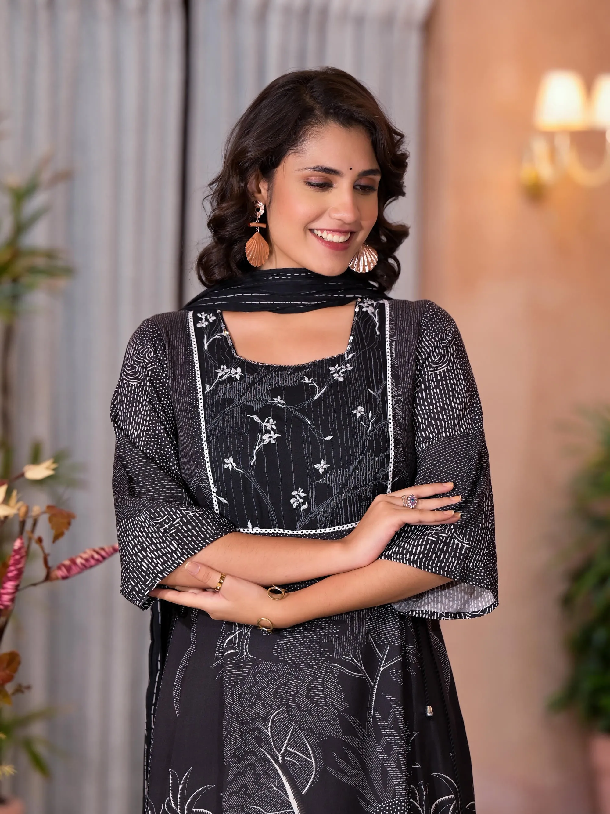 Black Abstract Printed Liva Rayon Kurta Pant And Dupatta Set With Sequins & Thread Work