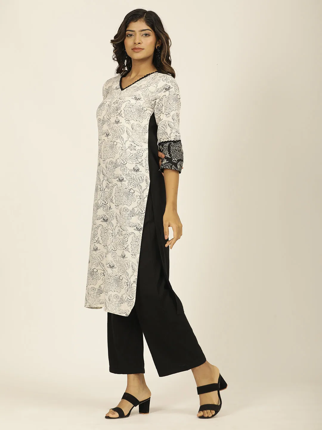 Black Handblock Printed Buddha Embroidered Kurta Set