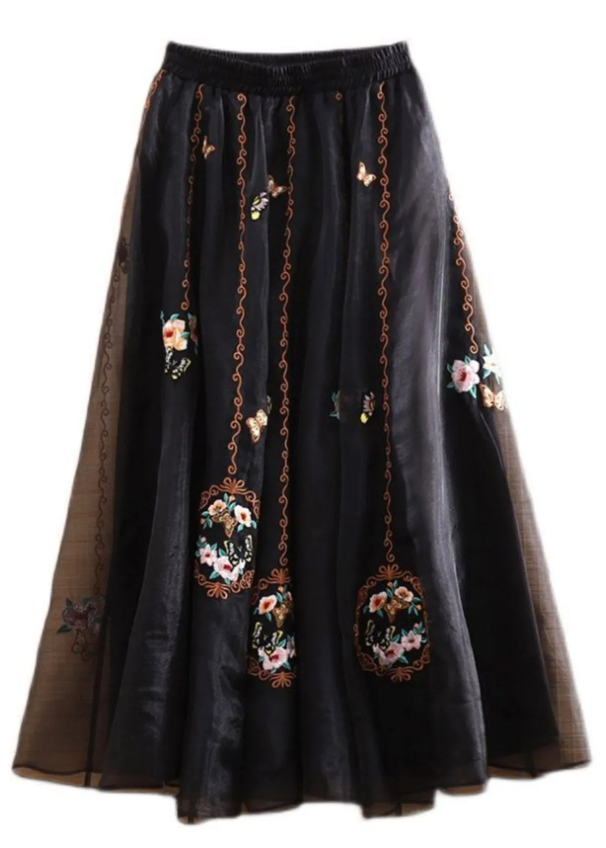 Boho Black Elastic Waist Embroideried Tulle Maxi Skirts Summer LY4427