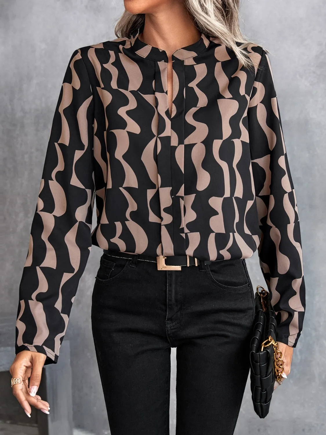 Brown and Black Printed Notched Long Sleeve Blouse New Women's Work Top