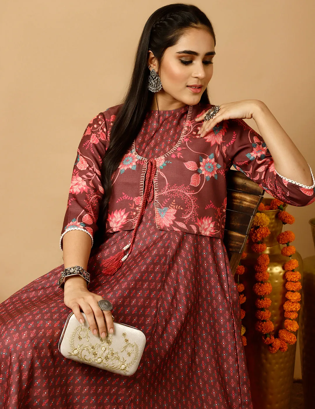 Brown Ethnic Print Flared Kurta With Shrug And Pants