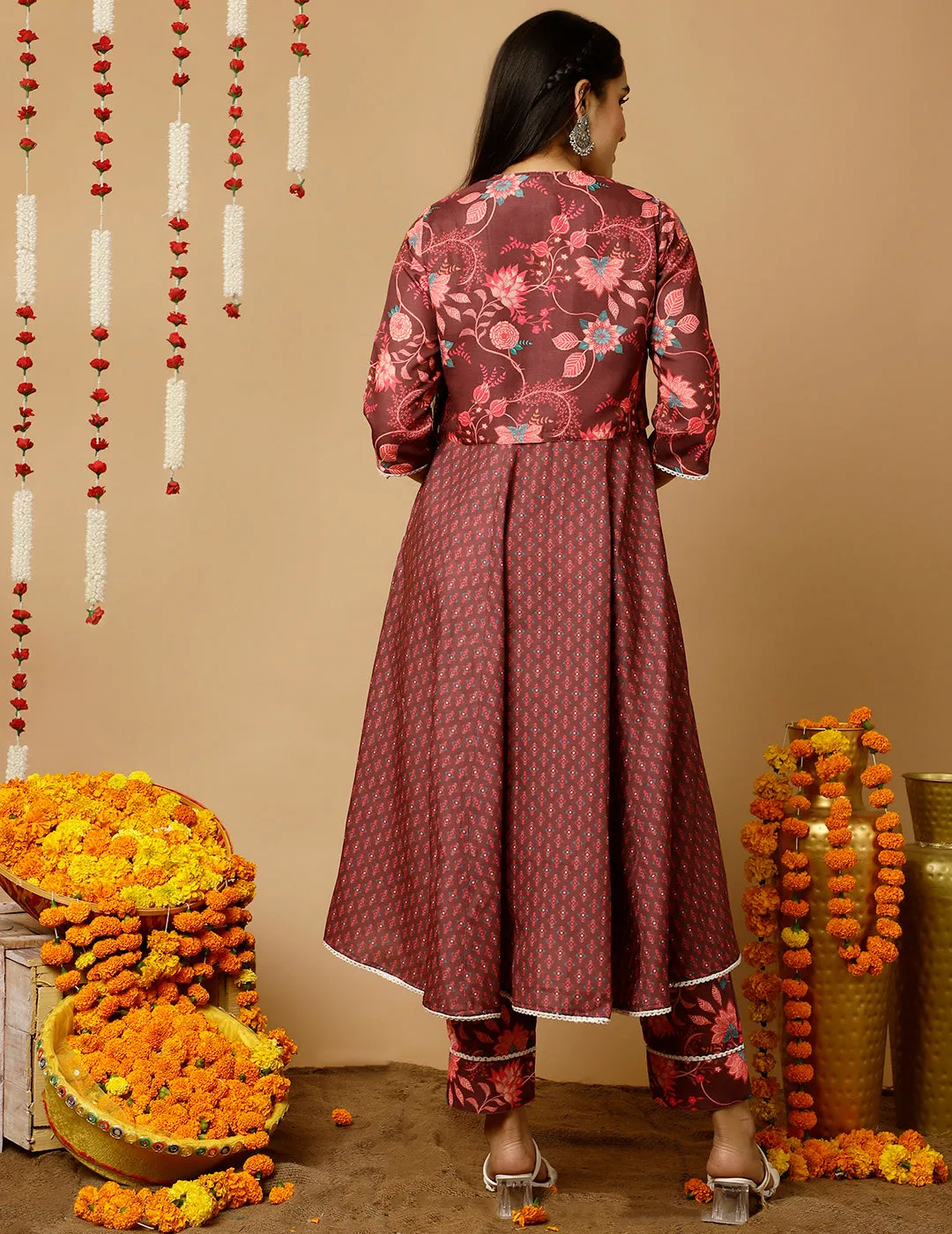 Brown Ethnic Print Flared Kurta With Shrug And Pants