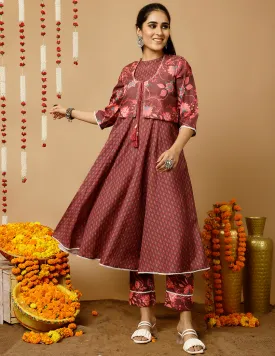 Brown Ethnic Print Flared Kurta With Shrug And Pants