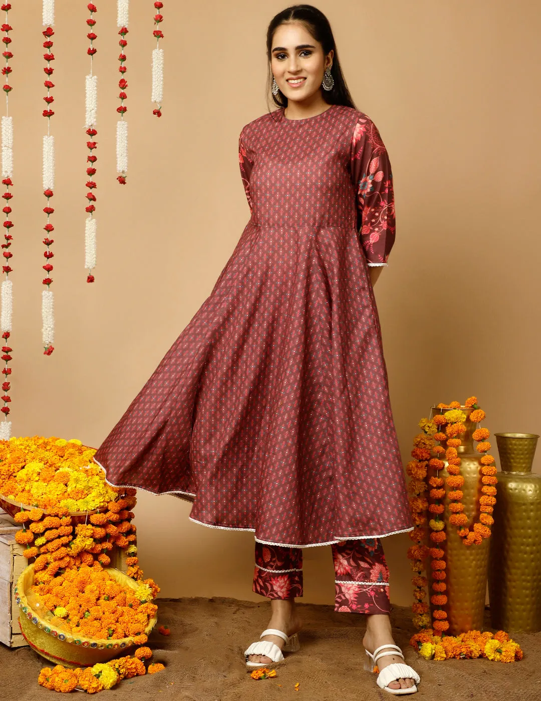 Brown Ethnic Print Flared Kurta With Shrug And Pants