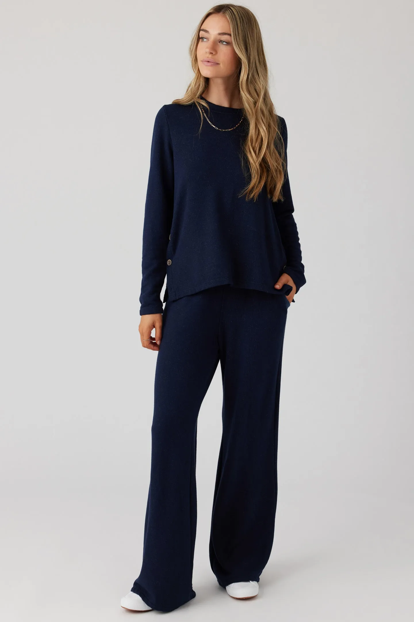 Brushed Boucle Long Sleeve Top - Indigo