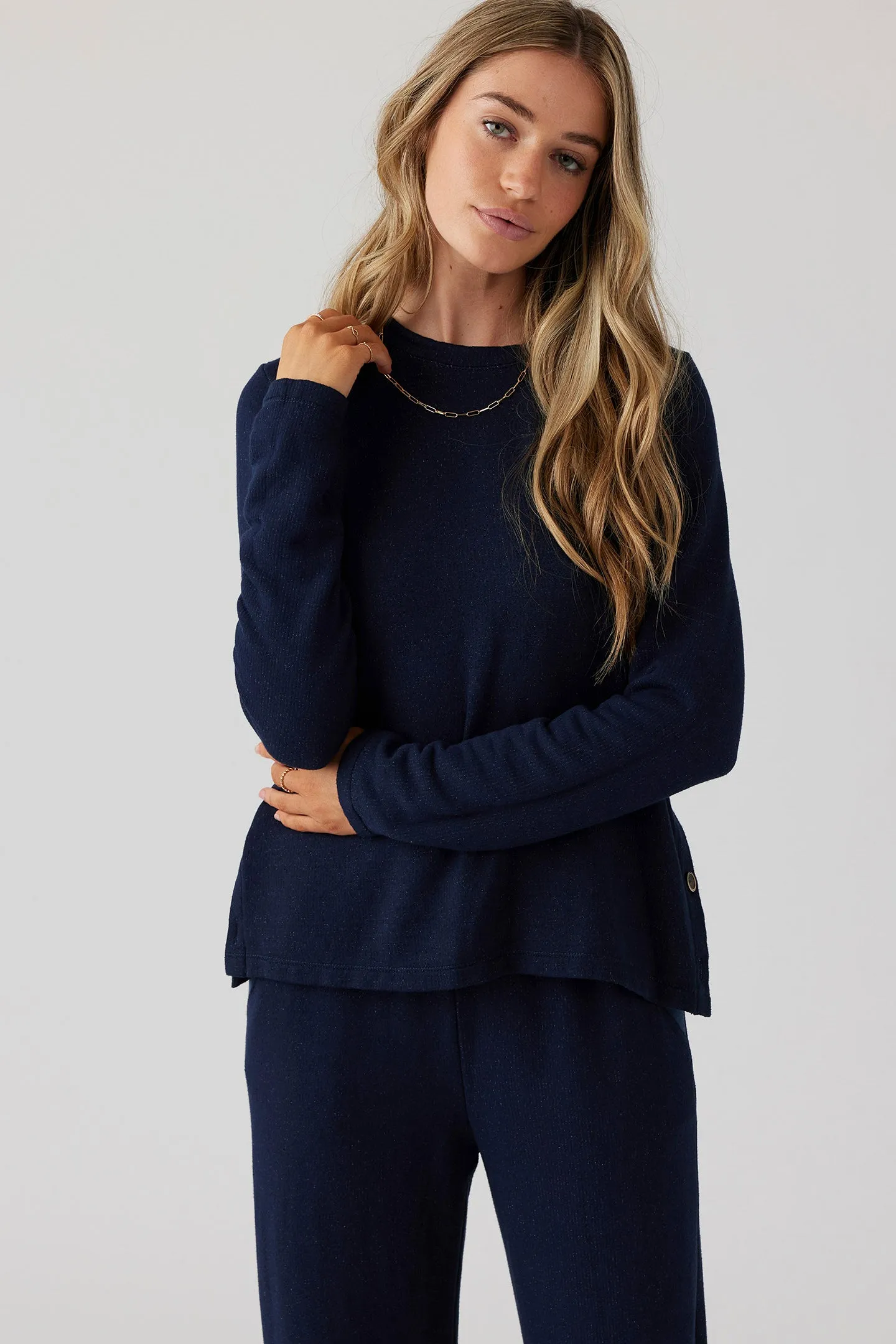 Brushed Boucle Long Sleeve Top - Indigo