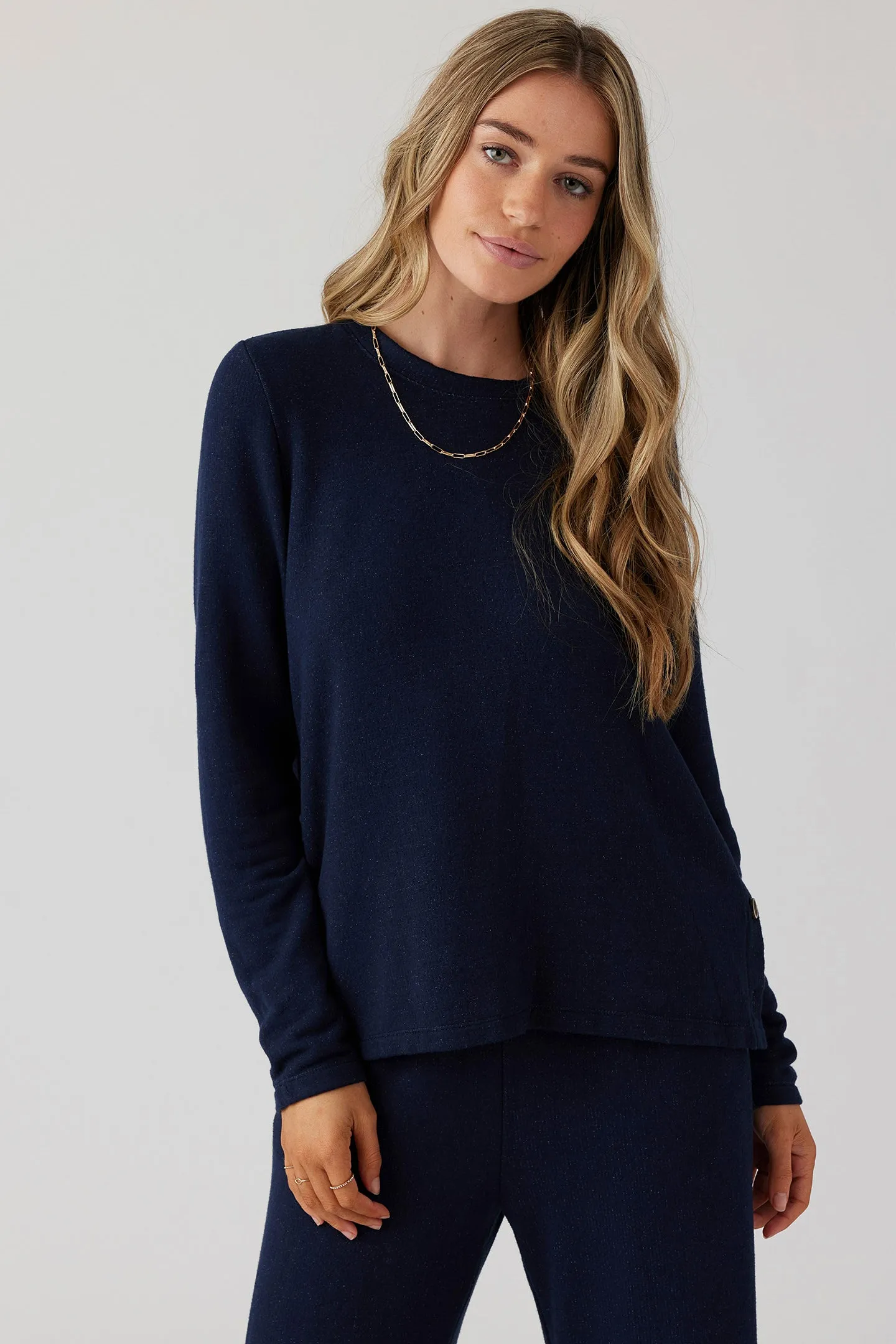 Brushed Boucle Long Sleeve Top - Indigo