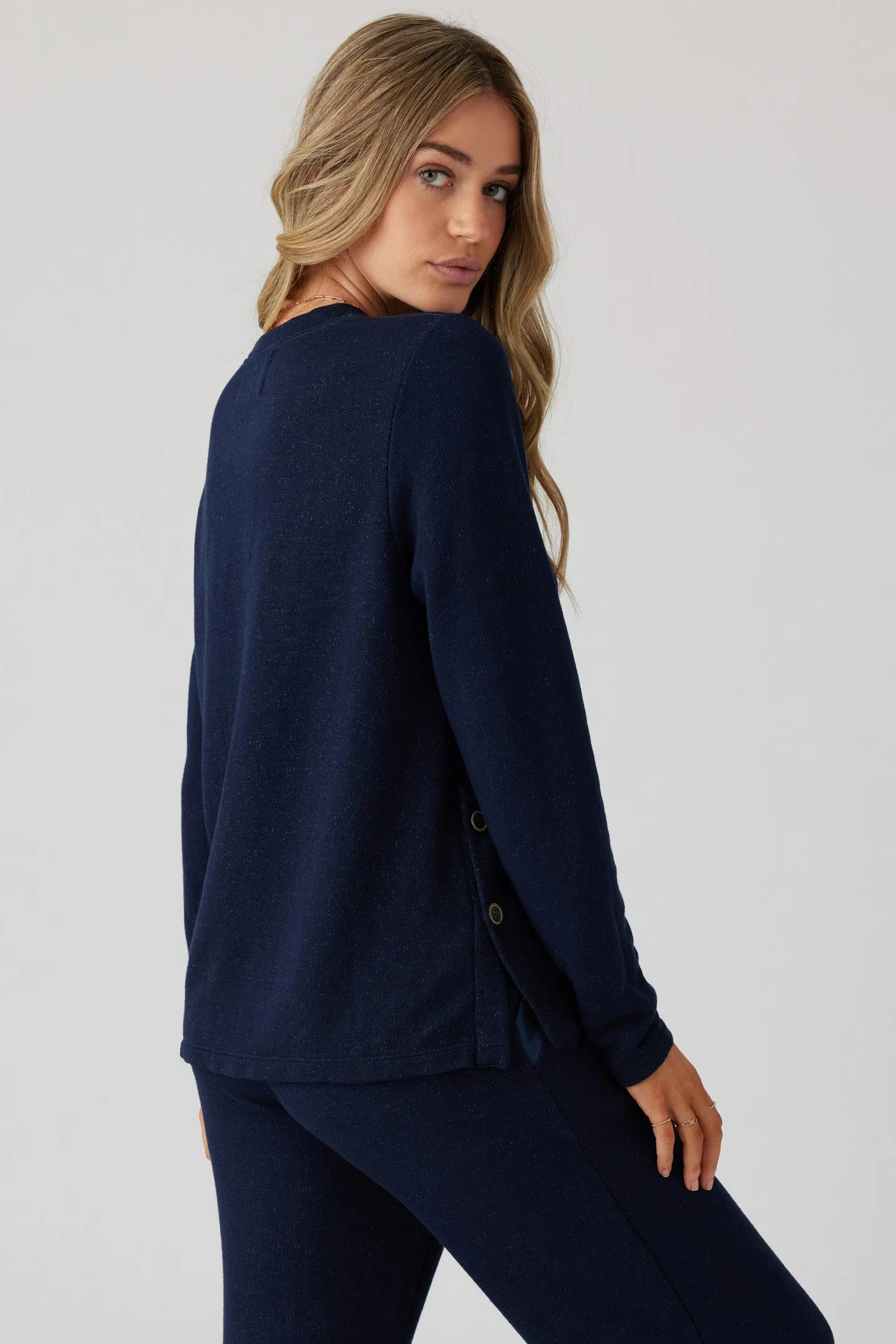 Brushed Boucle Long Sleeve Top - Indigo