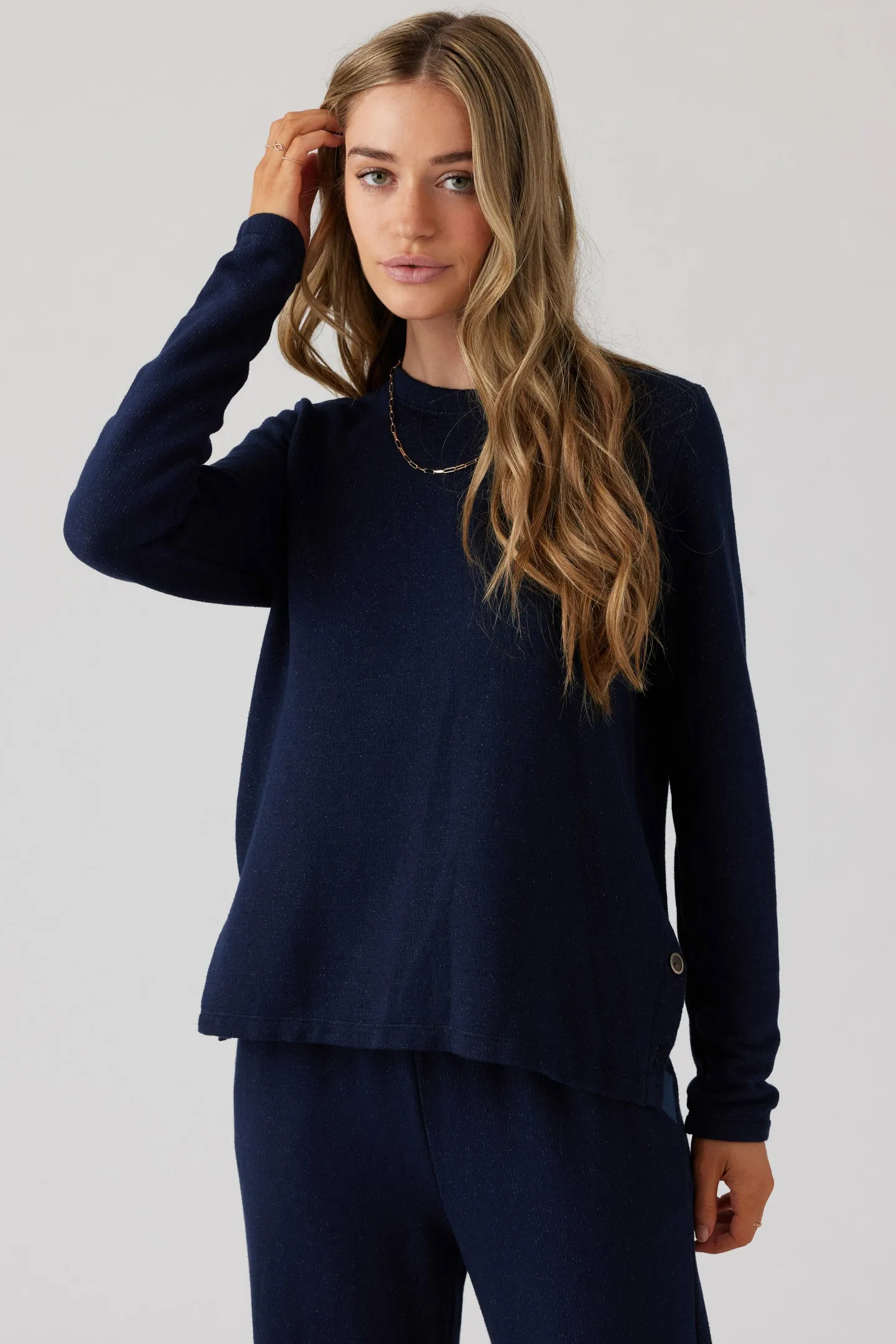 Brushed Boucle Long Sleeve Top - Indigo