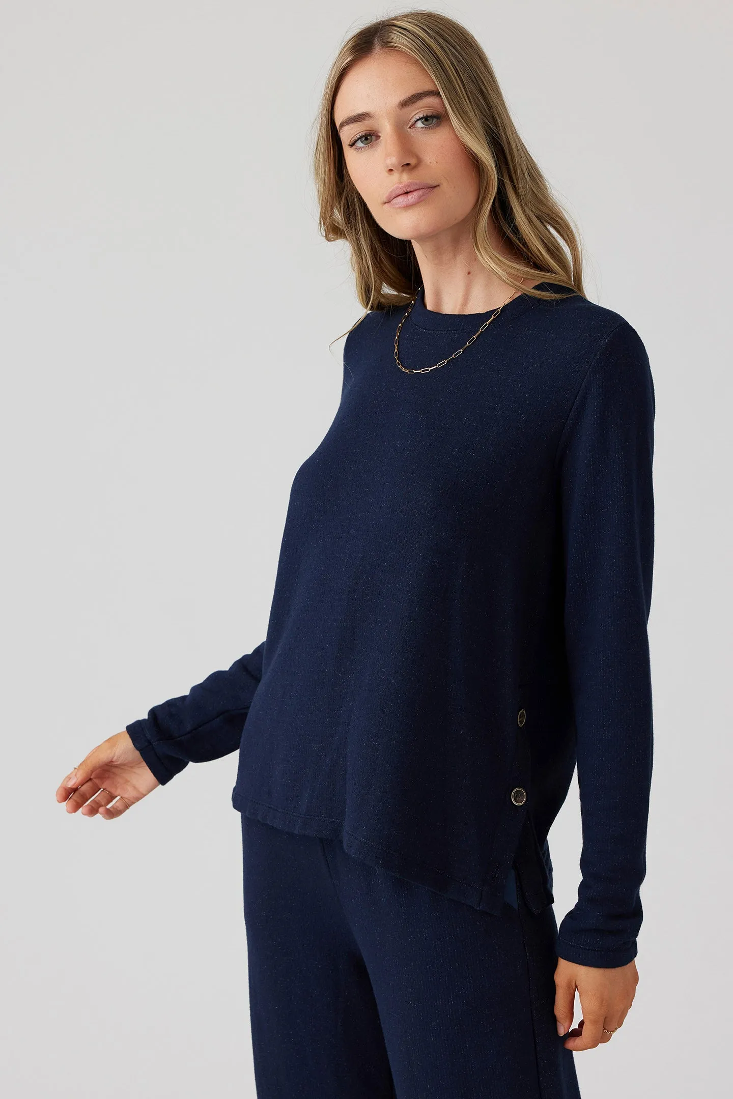 Brushed Boucle Long Sleeve Top - Indigo