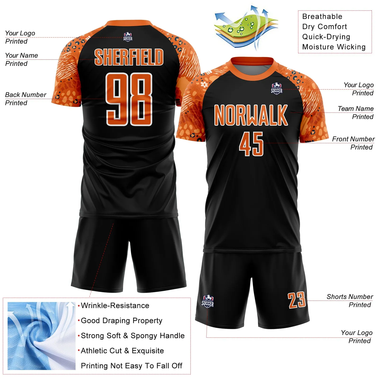 Custom Black Bay Orange-White African Pattern Sublimation Soccer Uniform Jersey