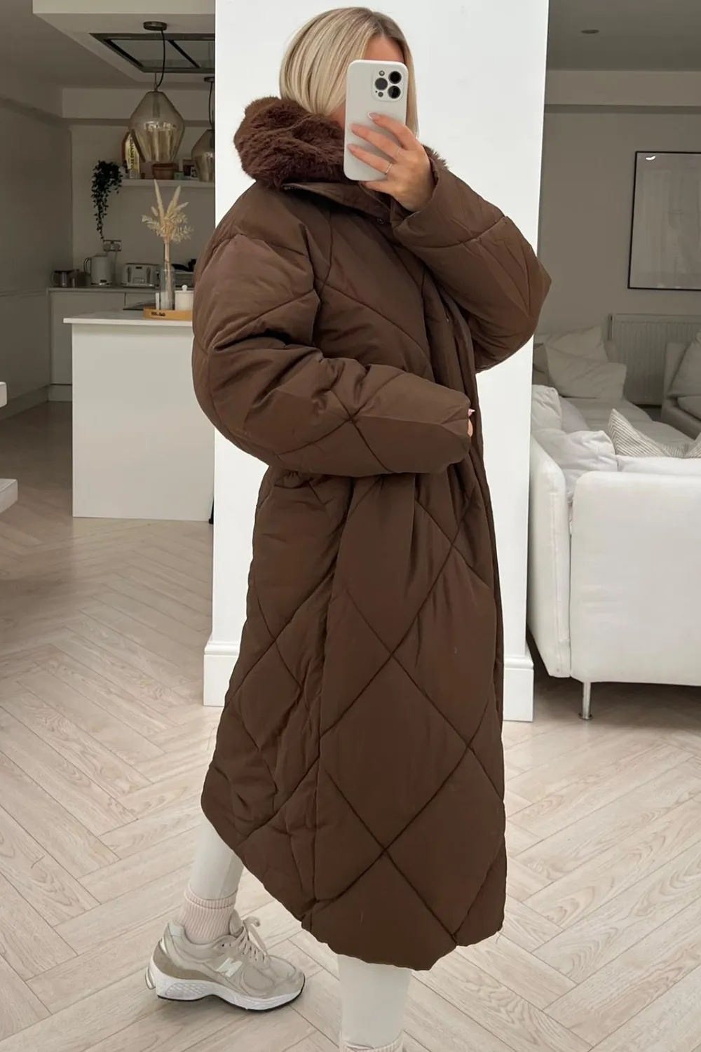 Dallas chocolate faux fur neck padded duvet coat