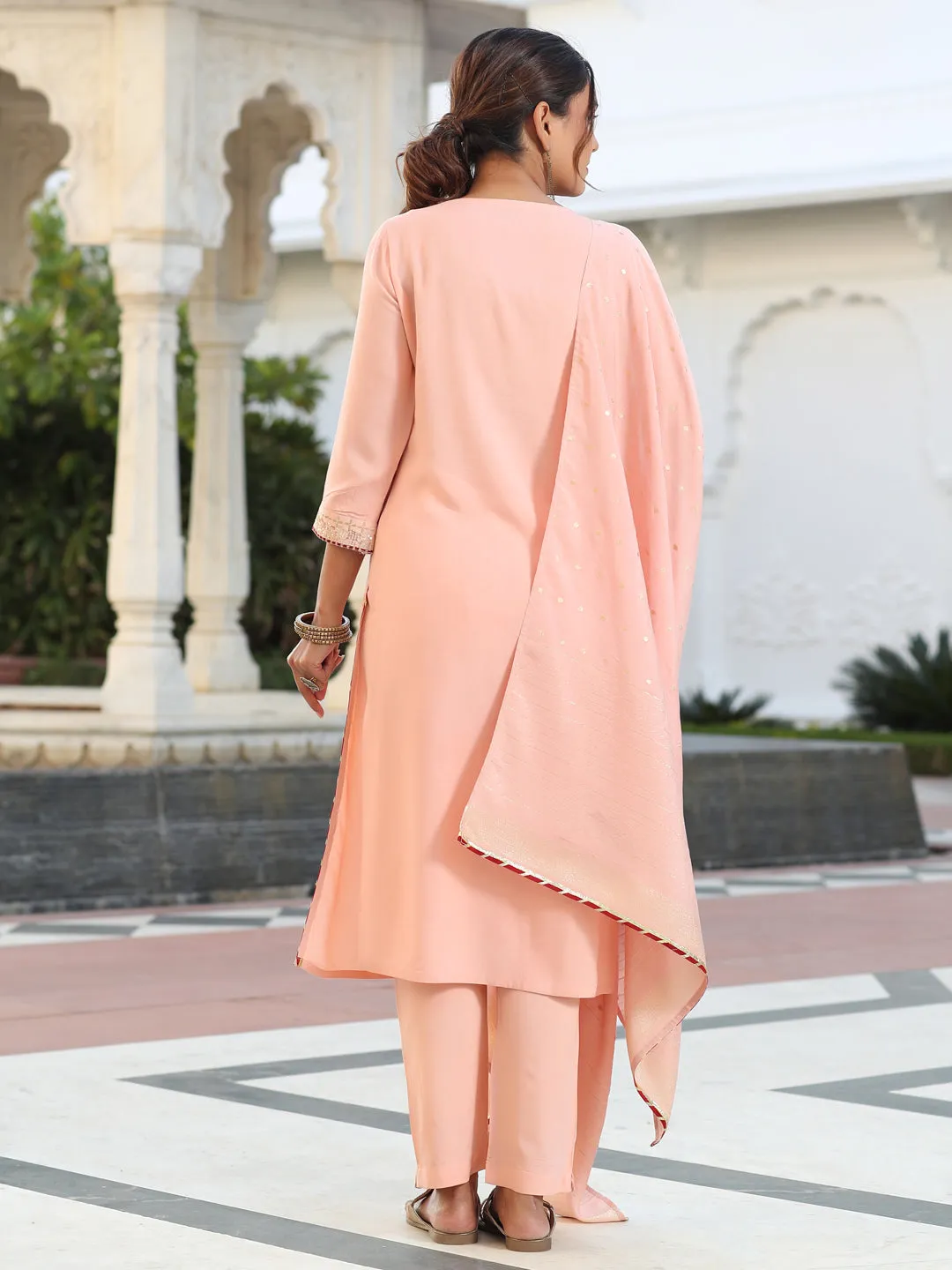 Embroidered Peach Kurta With Pants And Chanderi Dupatta