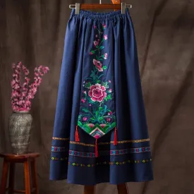 Embroidery Elastic Floral Midi Skirt