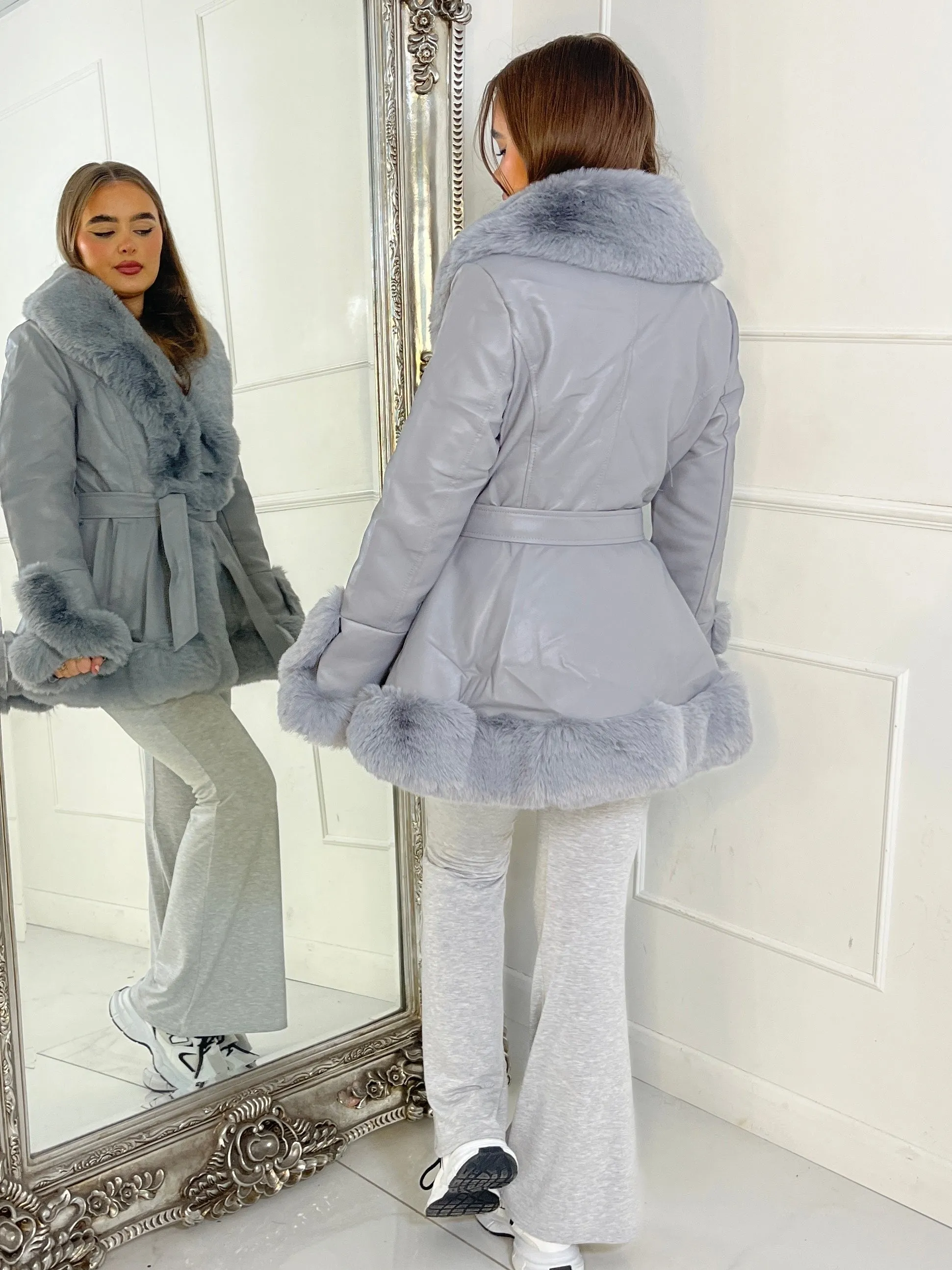 Faux Fur & Pu Contrast Waterfall Jacket - Grey