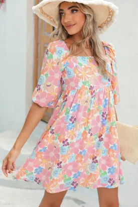 Floral Square Neck Puff Sleeve Babydoll Dress