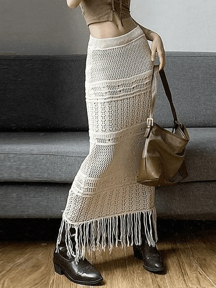 Fringed Crochet Hollow Knit Long Skirt