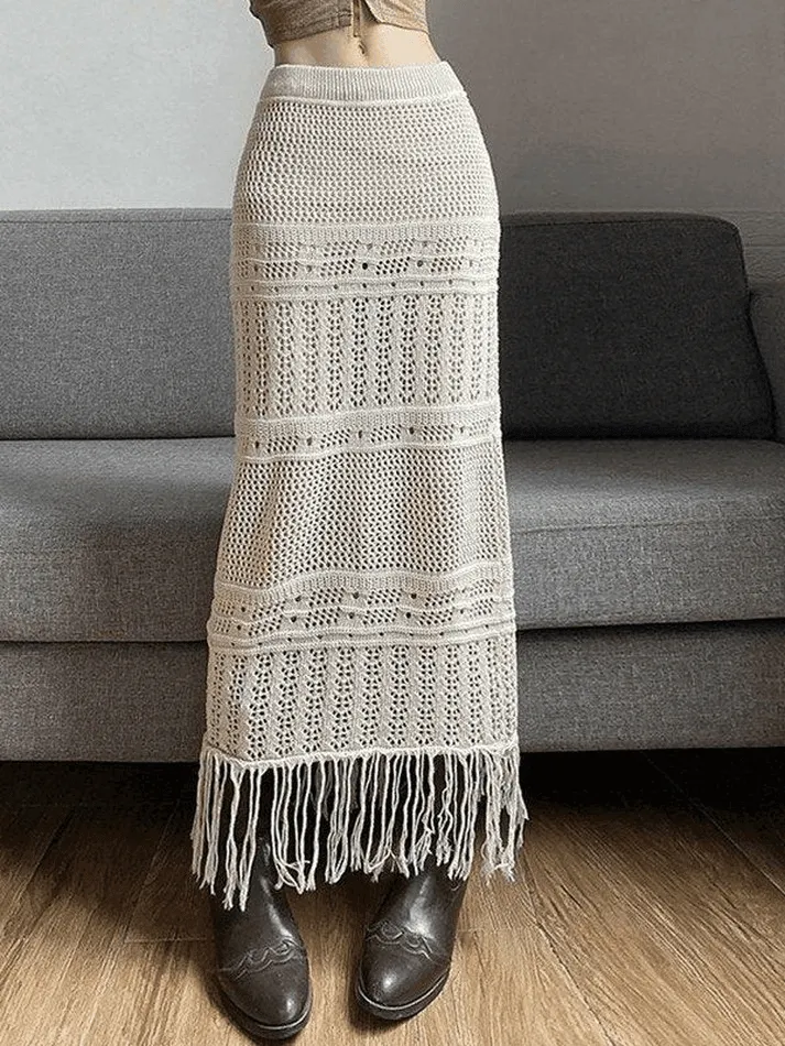 Fringed Crochet Hollow Knit Long Skirt