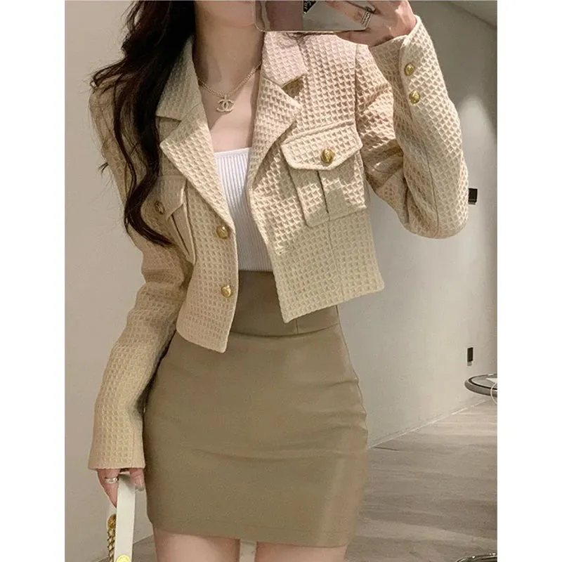 Girlary Cropped Jackets Women Elegant Basic Blazer Coats Office Lady Korean Autumn Long Sleeve Slim Simple All Match Outwear New