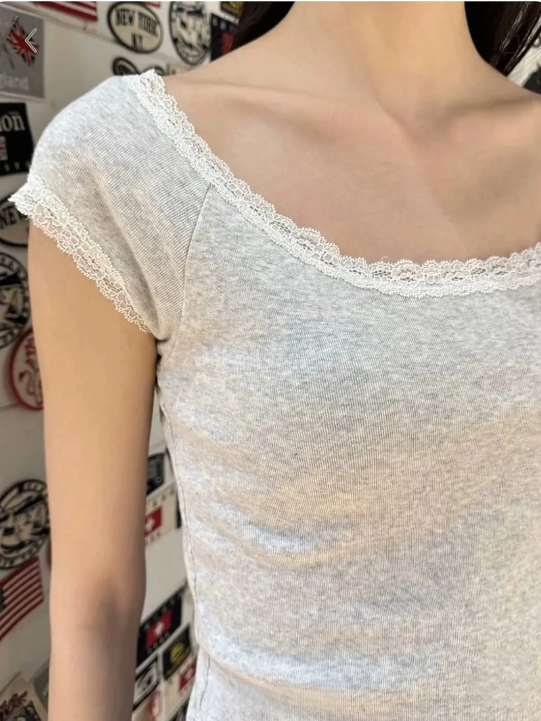 Girlary Lace Trim Gray Slim T-shirt Summer Short Sleeve Scoop Neck Cotton Tshirts Woman Casual Cute Preppy Style Sweet Crop Tops Y2k