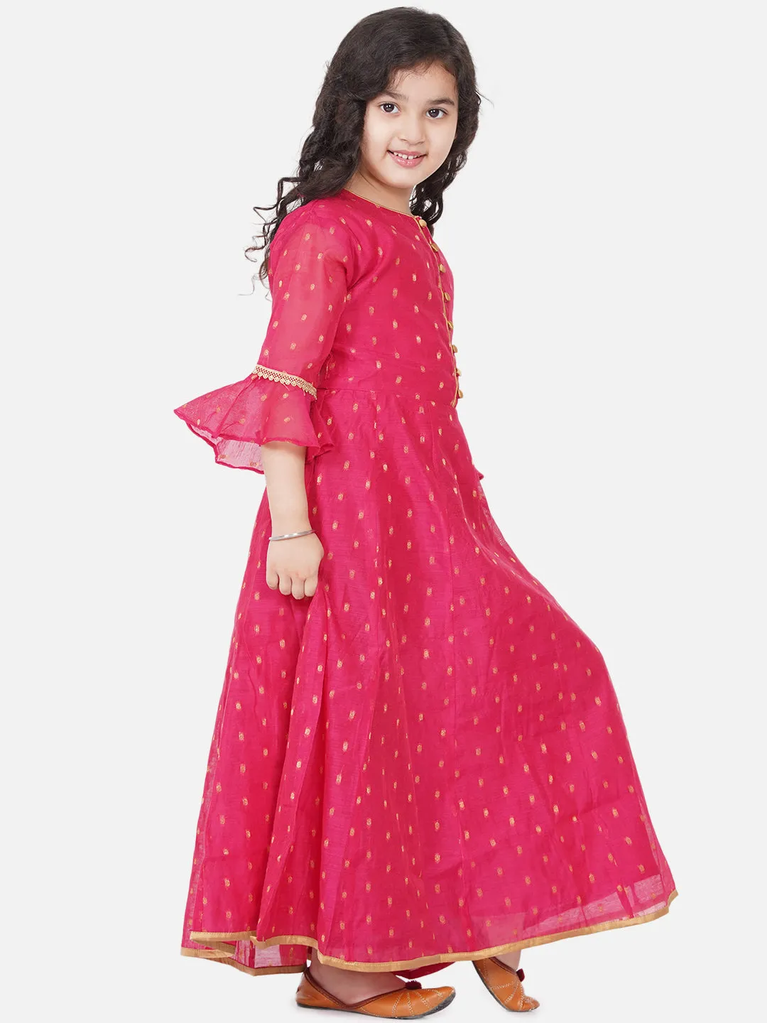 Girl's Pink Bell Sleeves Ethnic Maxi Dress - Bitiya By Bhama