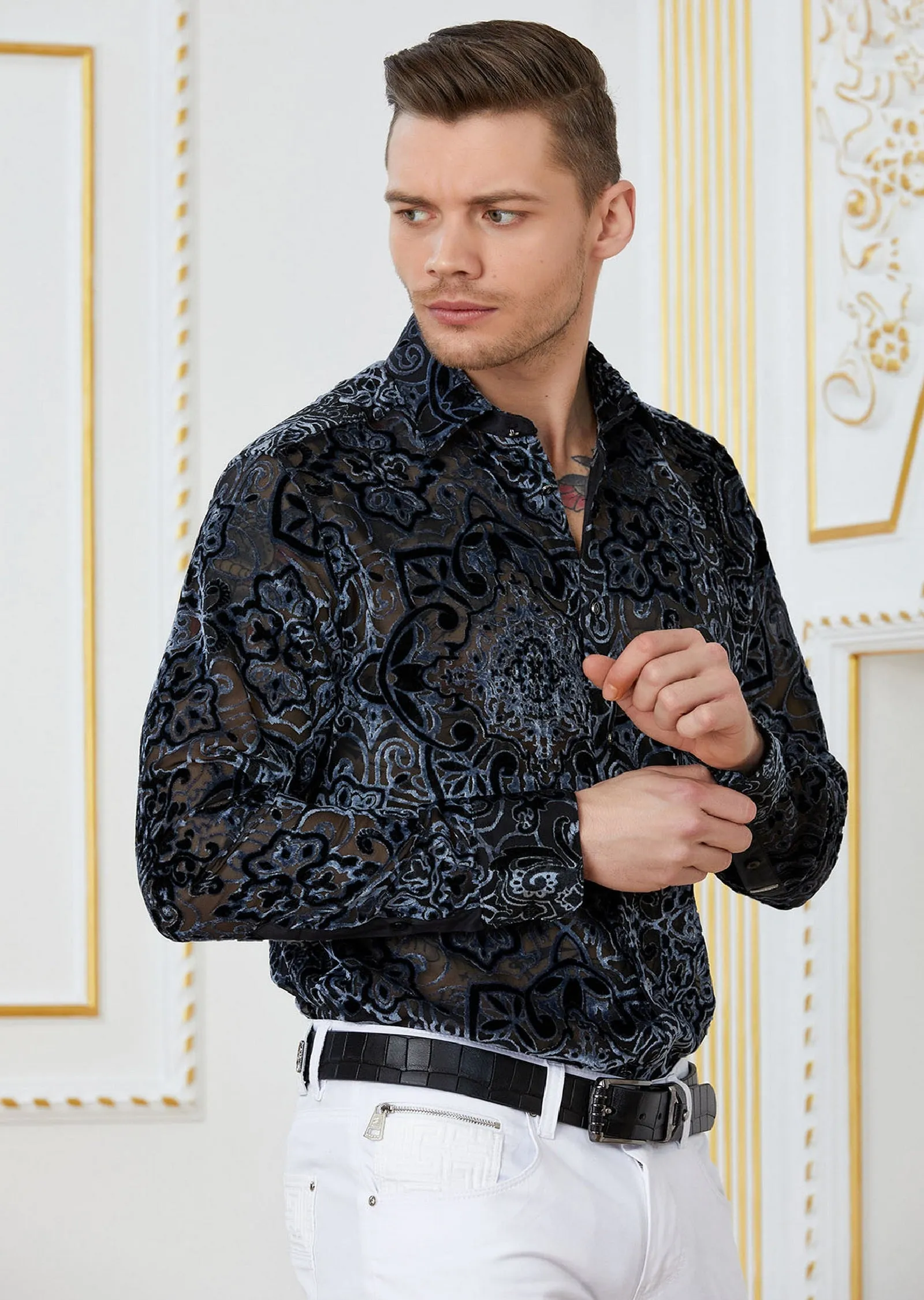 Gray Baroque Burnout Velvet Shirt