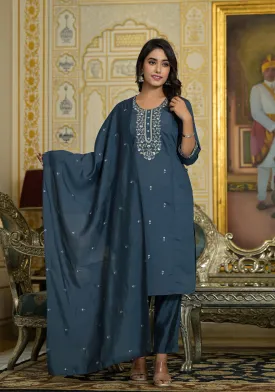 Grey Thread & Zari Embroidered Viscose Kurta Pant And Dupatta Set