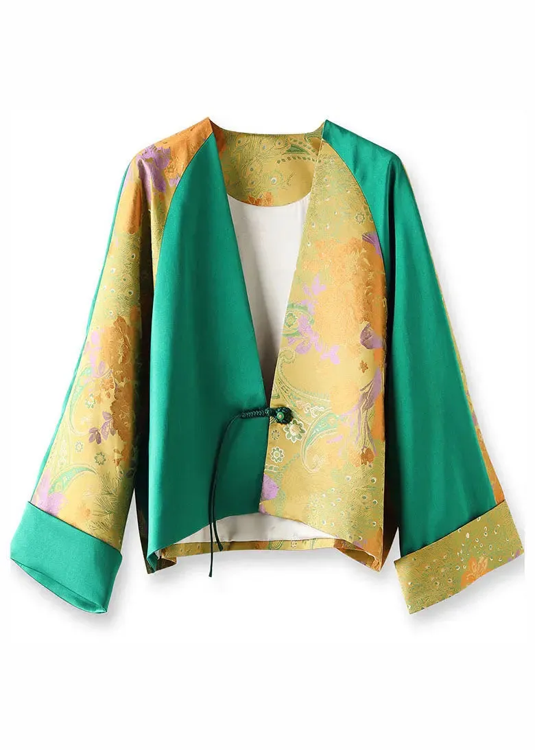 Jacquard Green V Neck Patchwork Button Silk Coats Fall ML1422