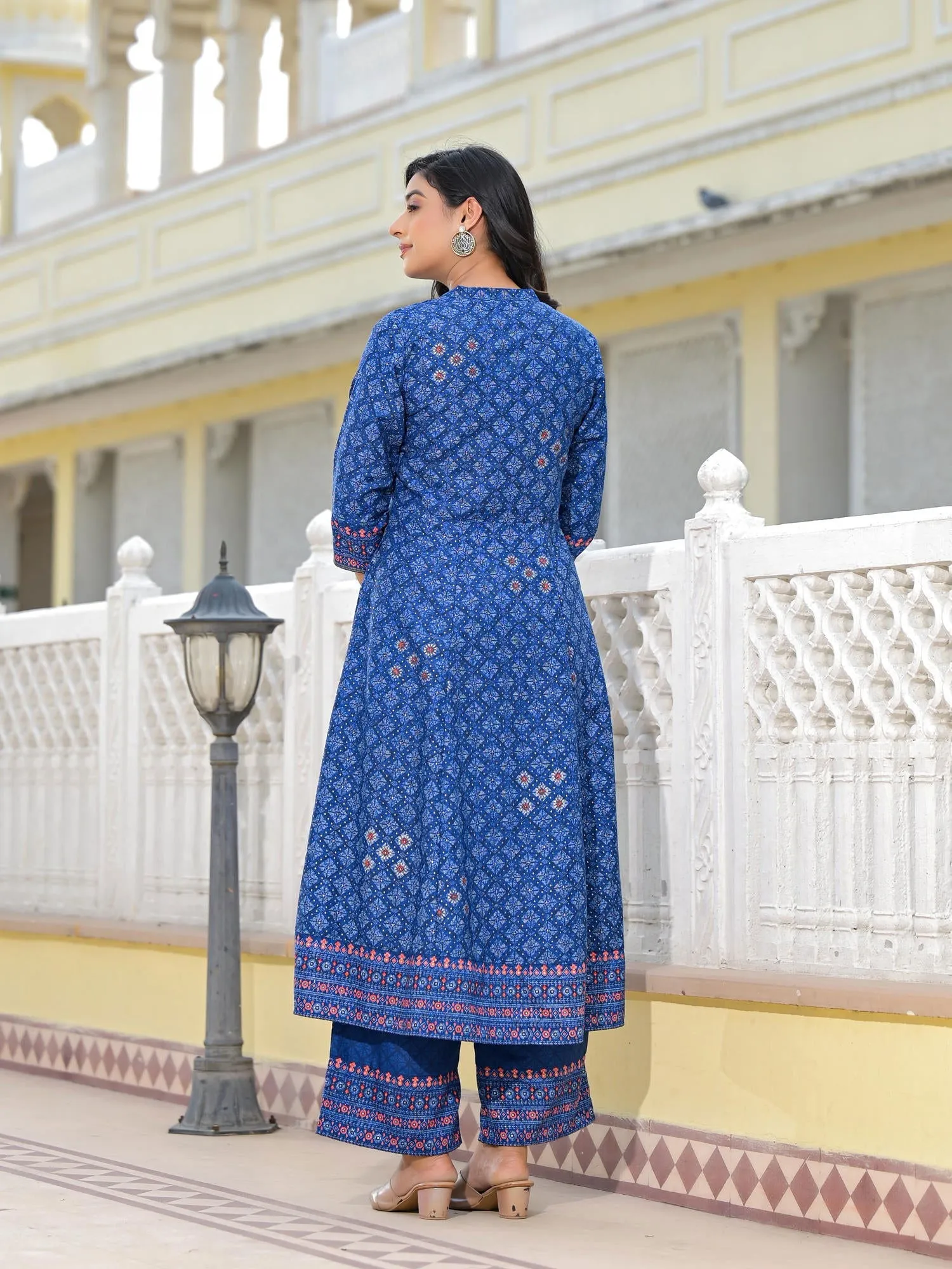 Jashvi Blue Ethnic Motif Printed Cotton Kurta, Pant And Dupatta Set With Mirror Work