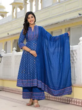 Jashvi Blue Ethnic Motif Printed Cotton Kurta, Pant And Dupatta Set With Mirror Work