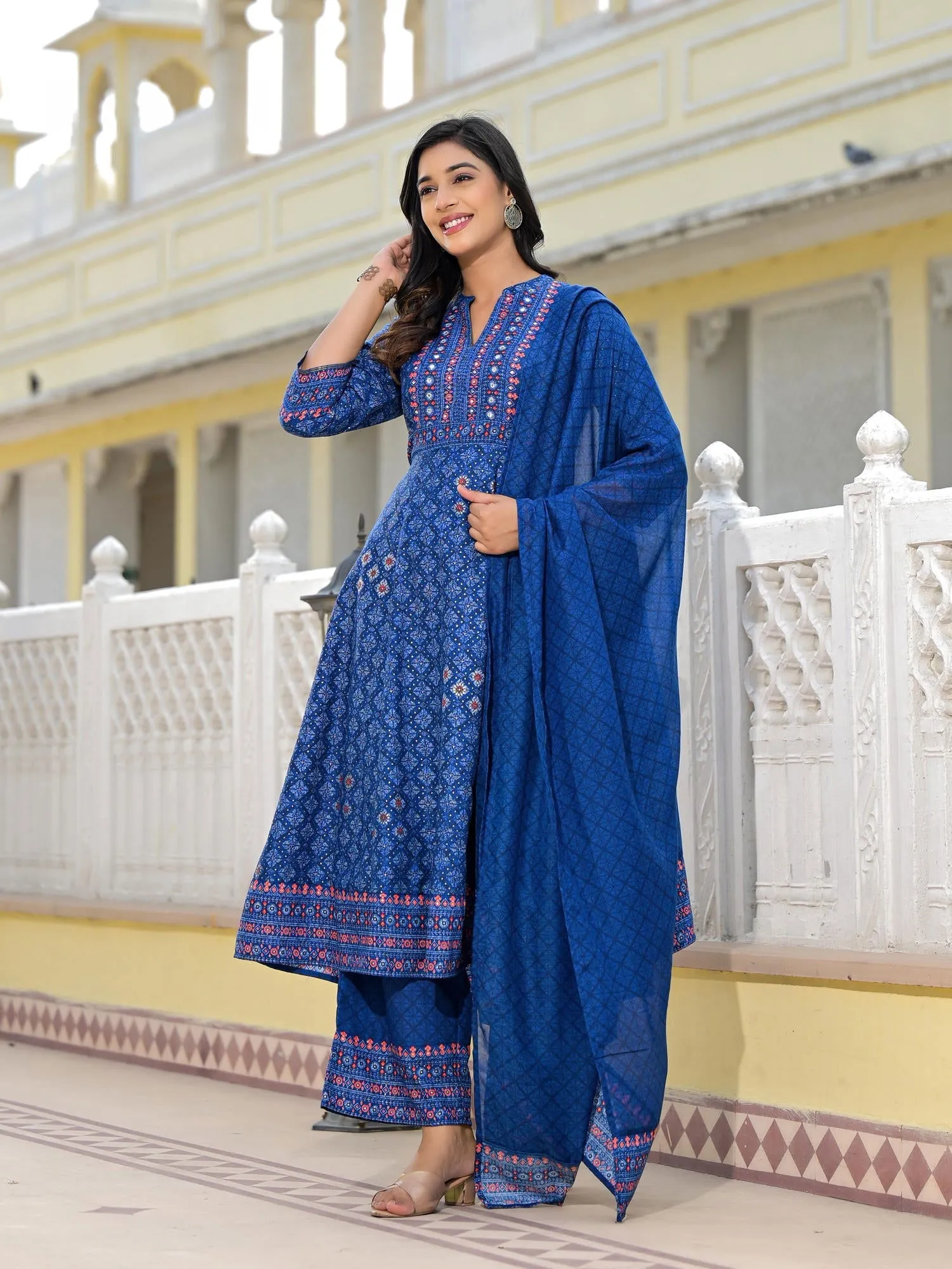 Jashvi Blue Ethnic Motif Printed Cotton Kurta, Pant And Dupatta Set With Mirror Work