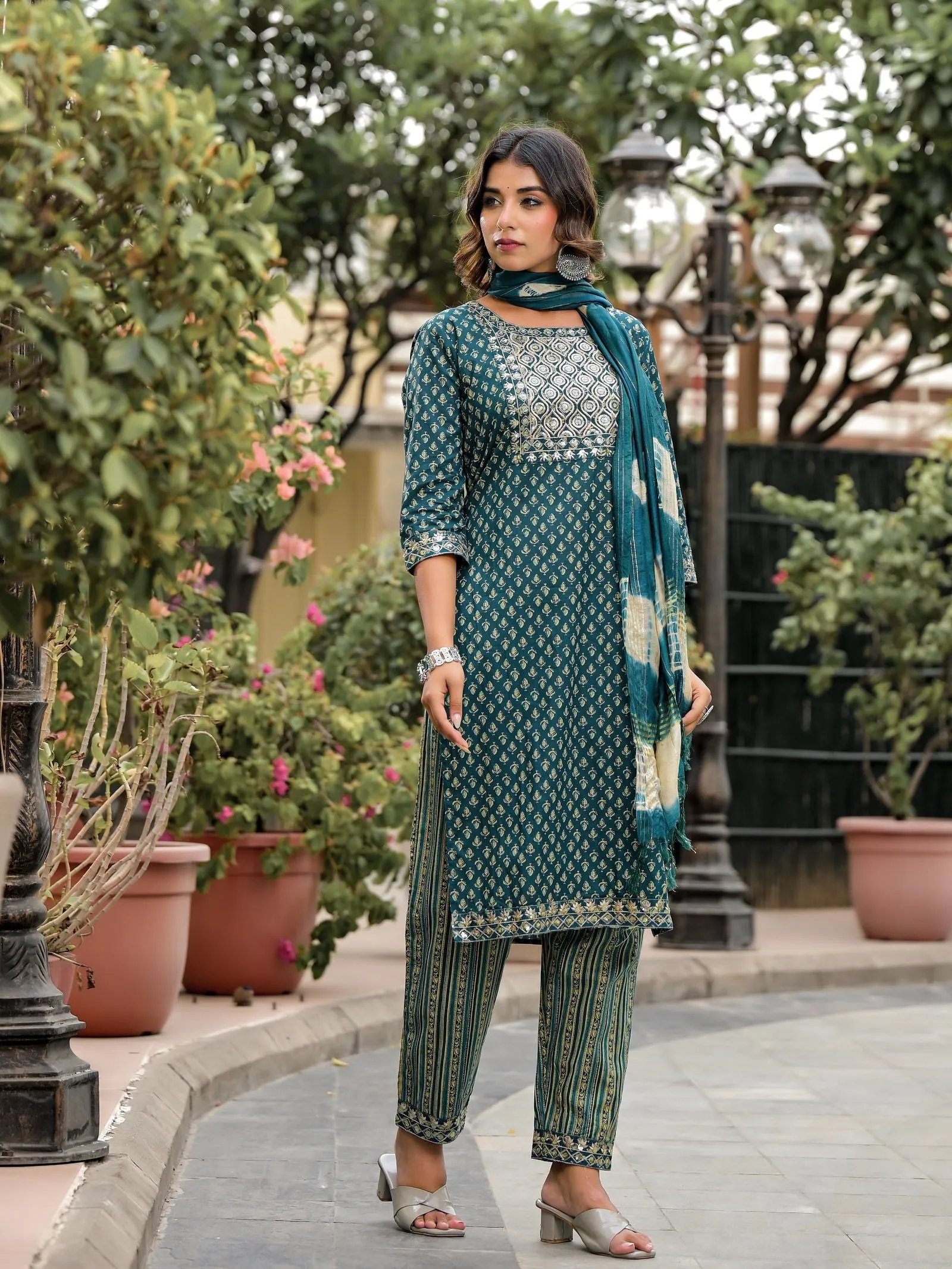 Jashvi Green Ethnic Motif Printed Cotton Kurta, Pant And Dupatta Set With Zari Work & Sequins