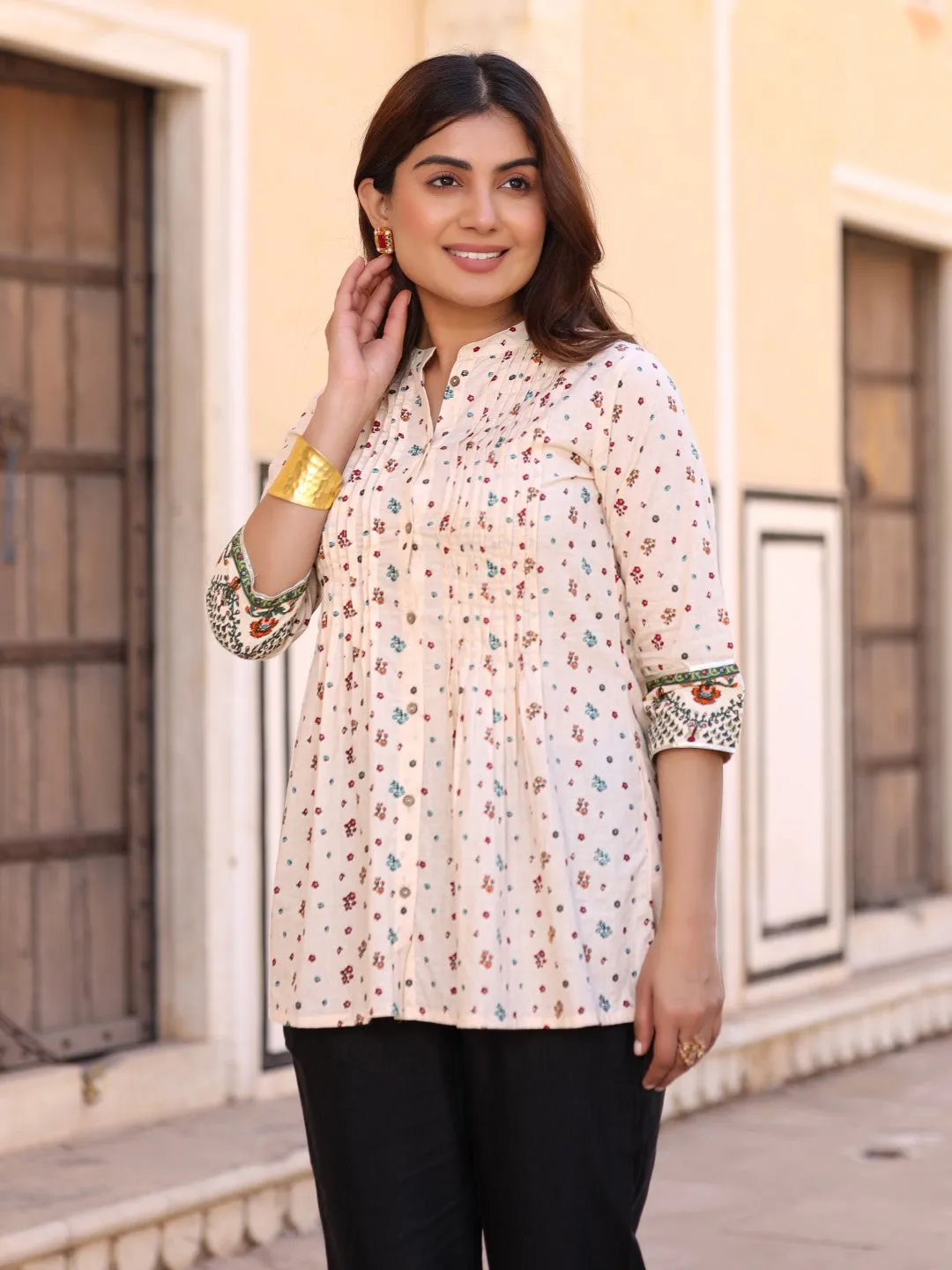 Jashvi Ivory Floral Printed Pure Cotton Tunic with Pants