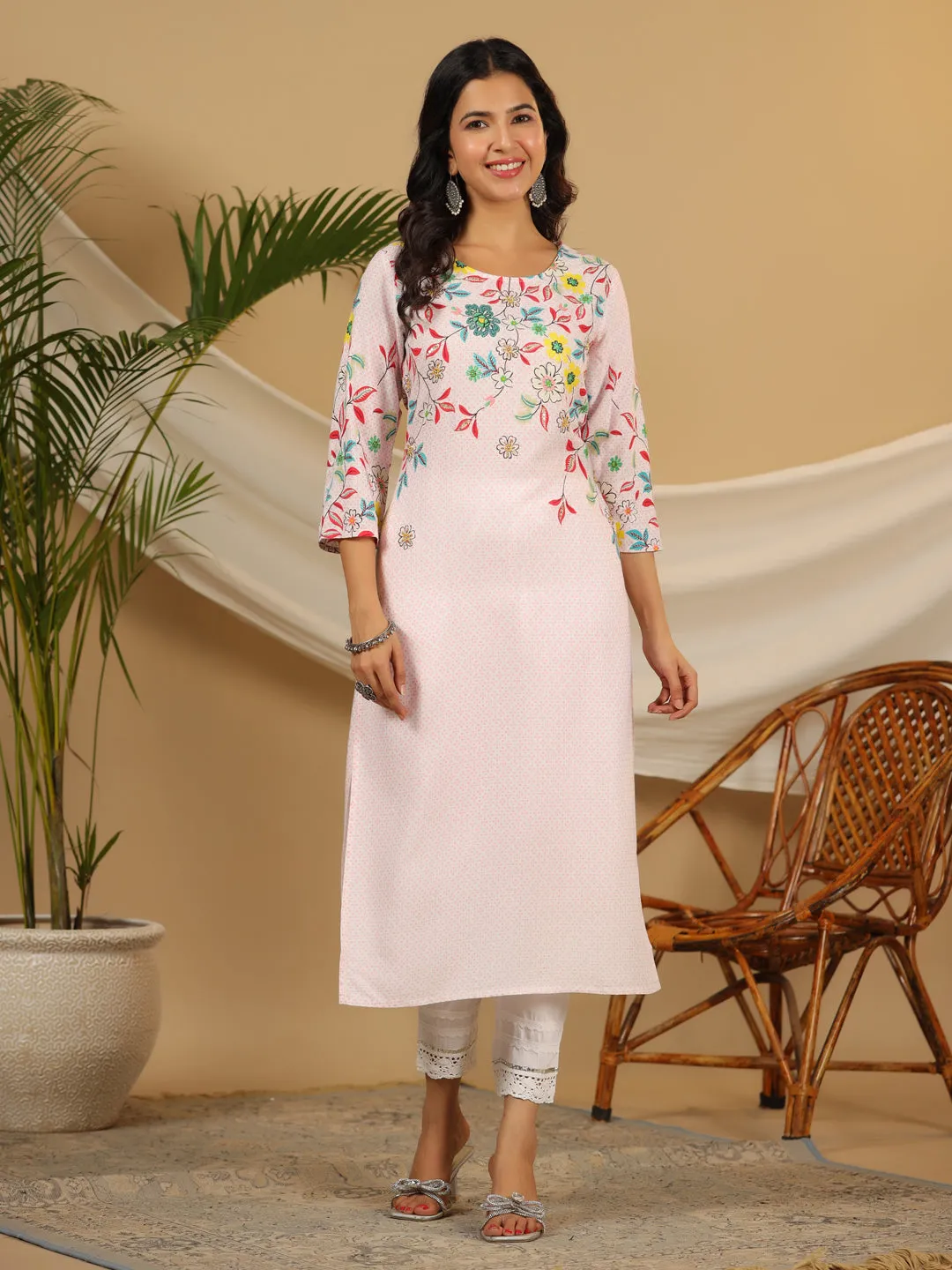 Jashvi Pink Floral Printed Rayon Kurta & Pant Set with Beads & Sequins Work