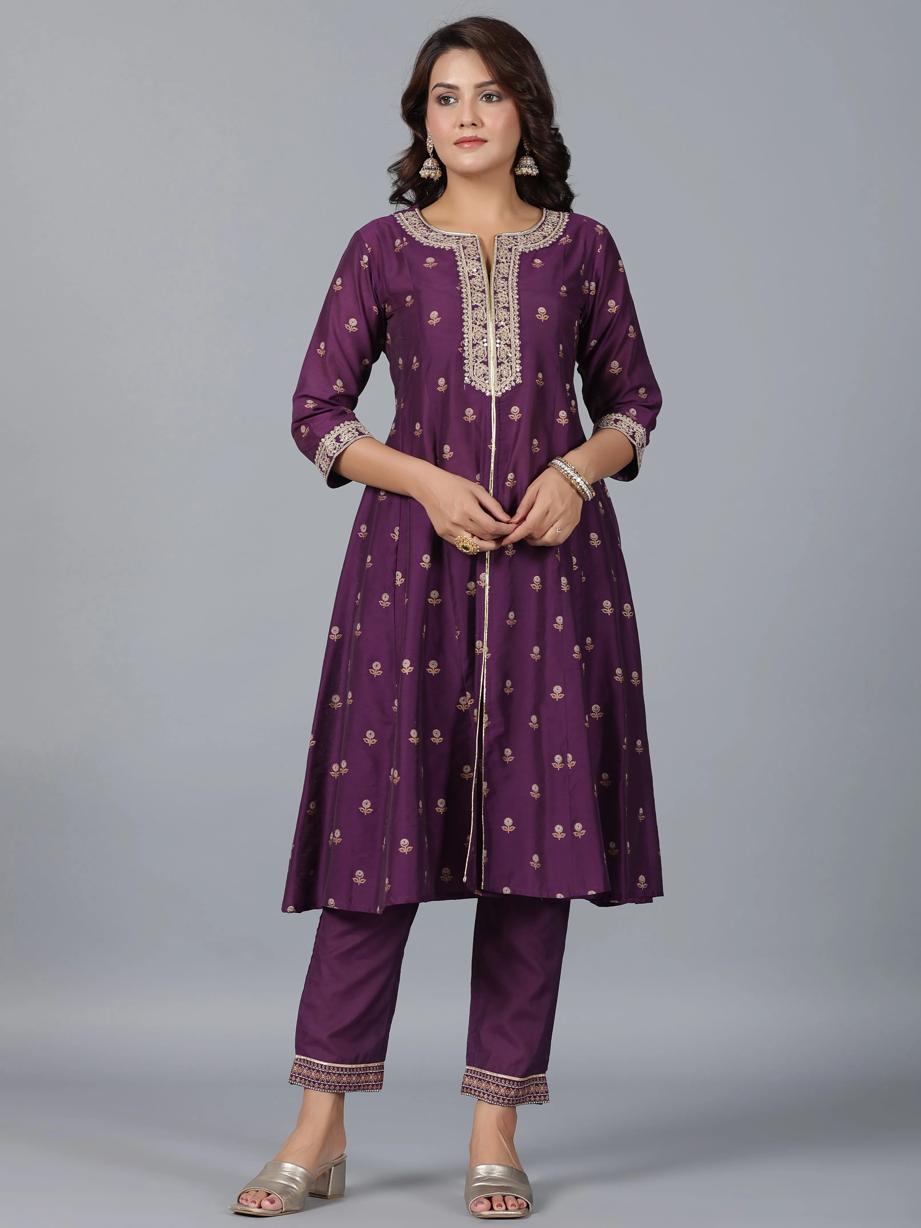 Jashvi Purple Chanderi Ethnic Motif Printed Kurta, Pants & Dupatta Set with Zari Embroidery