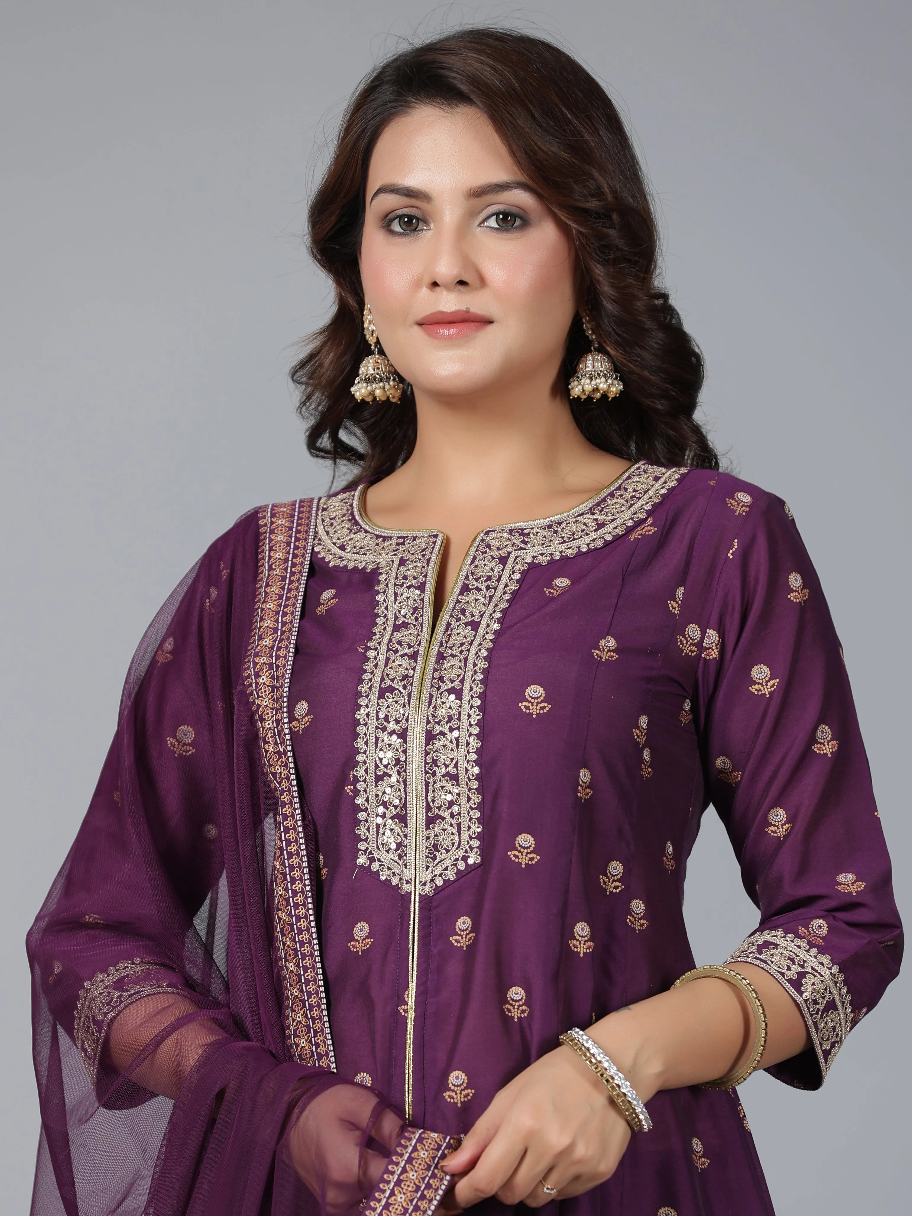 Jashvi Purple Chanderi Ethnic Motif Printed Kurta, Pants & Dupatta Set with Zari Embroidery