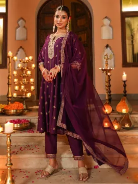 Jashvi Purple Chanderi Ethnic Motif Printed Kurta, Pants & Dupatta Set with Zari Embroidery