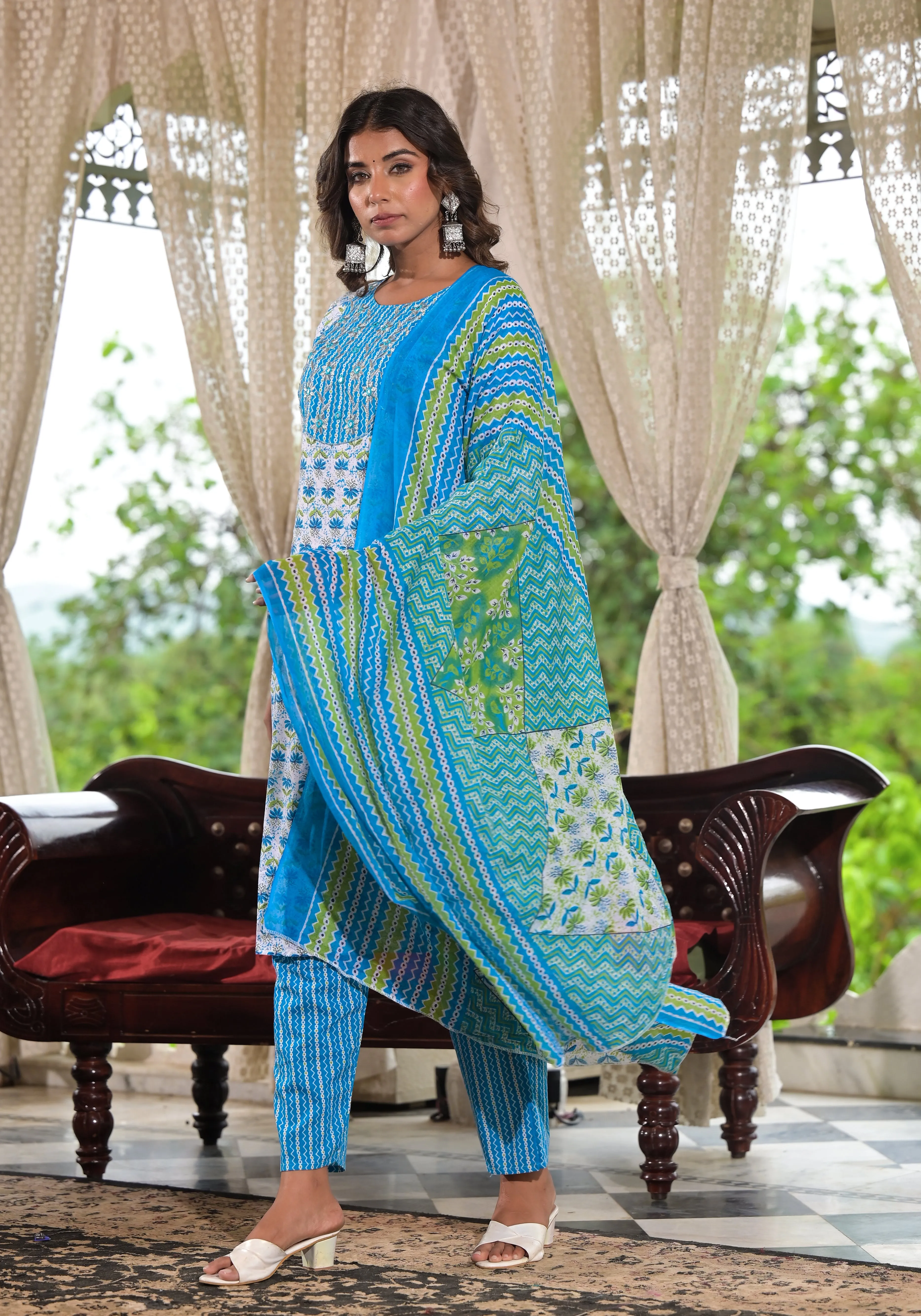 Jashvi Sky Blue Ethnic Motif Printed Cotton Kurta, Pant And Dupatta Set With Zari & Mirror Work