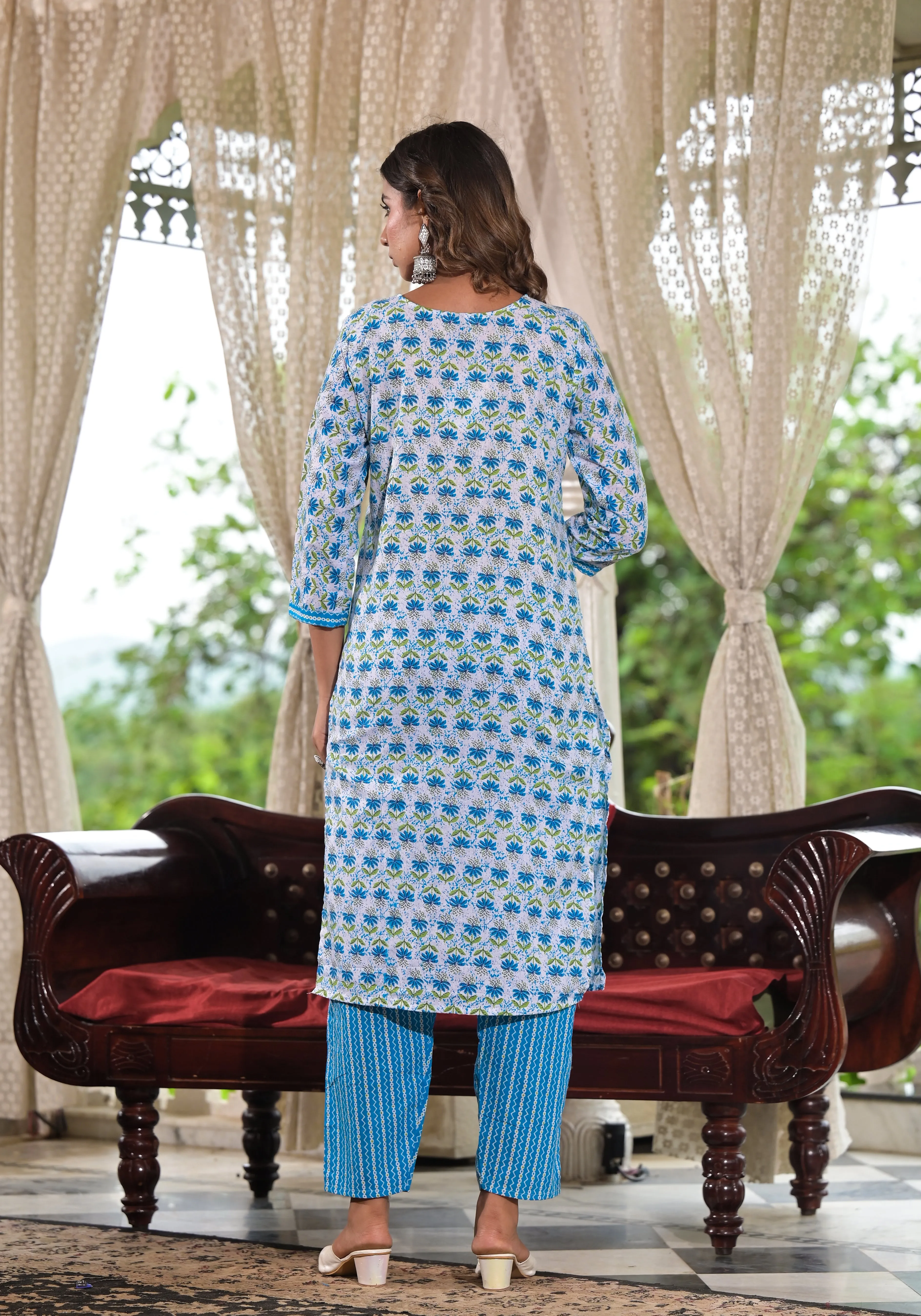 Jashvi Sky Blue Ethnic Motif Printed Cotton Kurta, Pant And Dupatta Set With Zari & Mirror Work