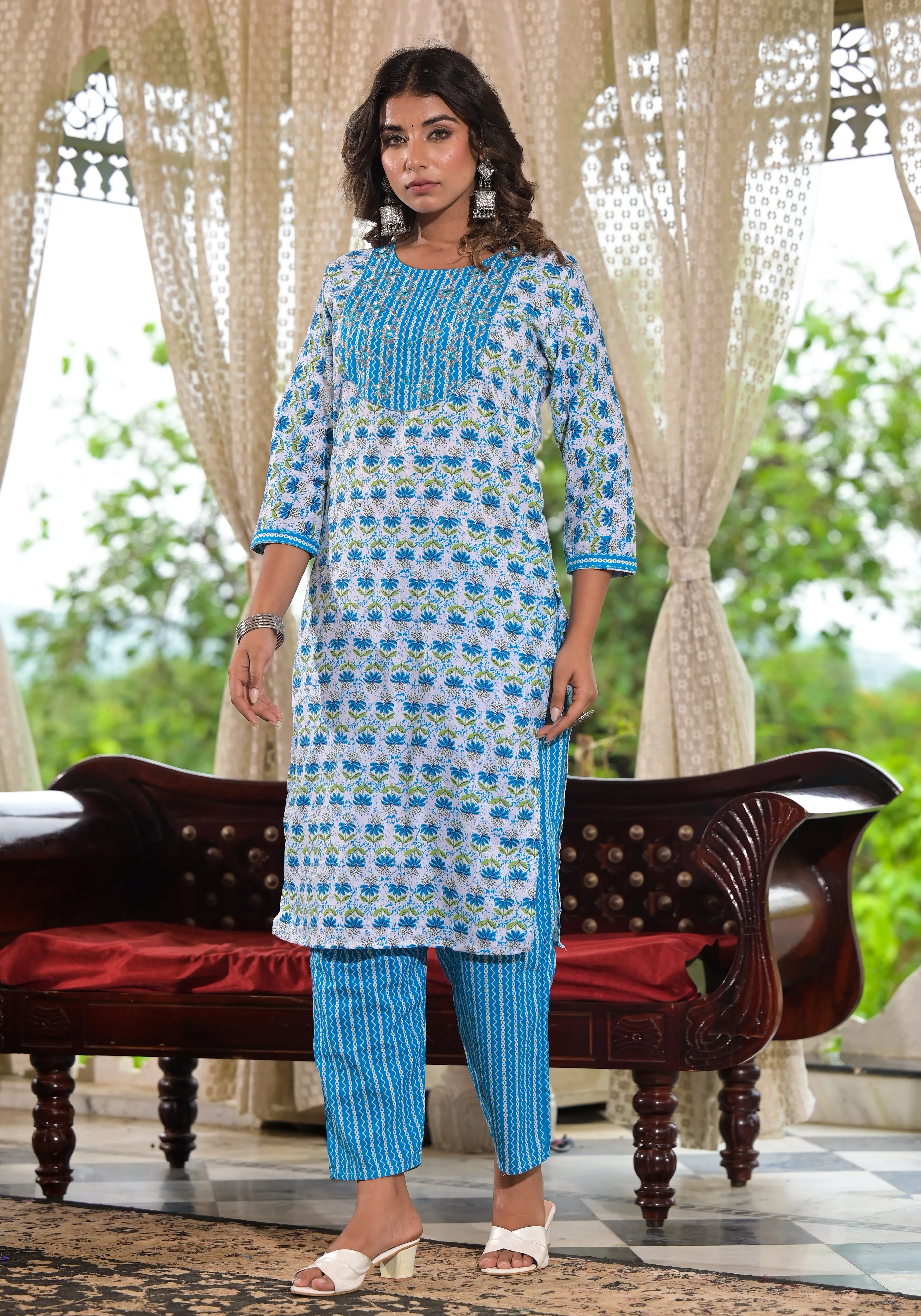 Jashvi Sky Blue Ethnic Motif Printed Cotton Kurta, Pant And Dupatta Set With Zari & Mirror Work