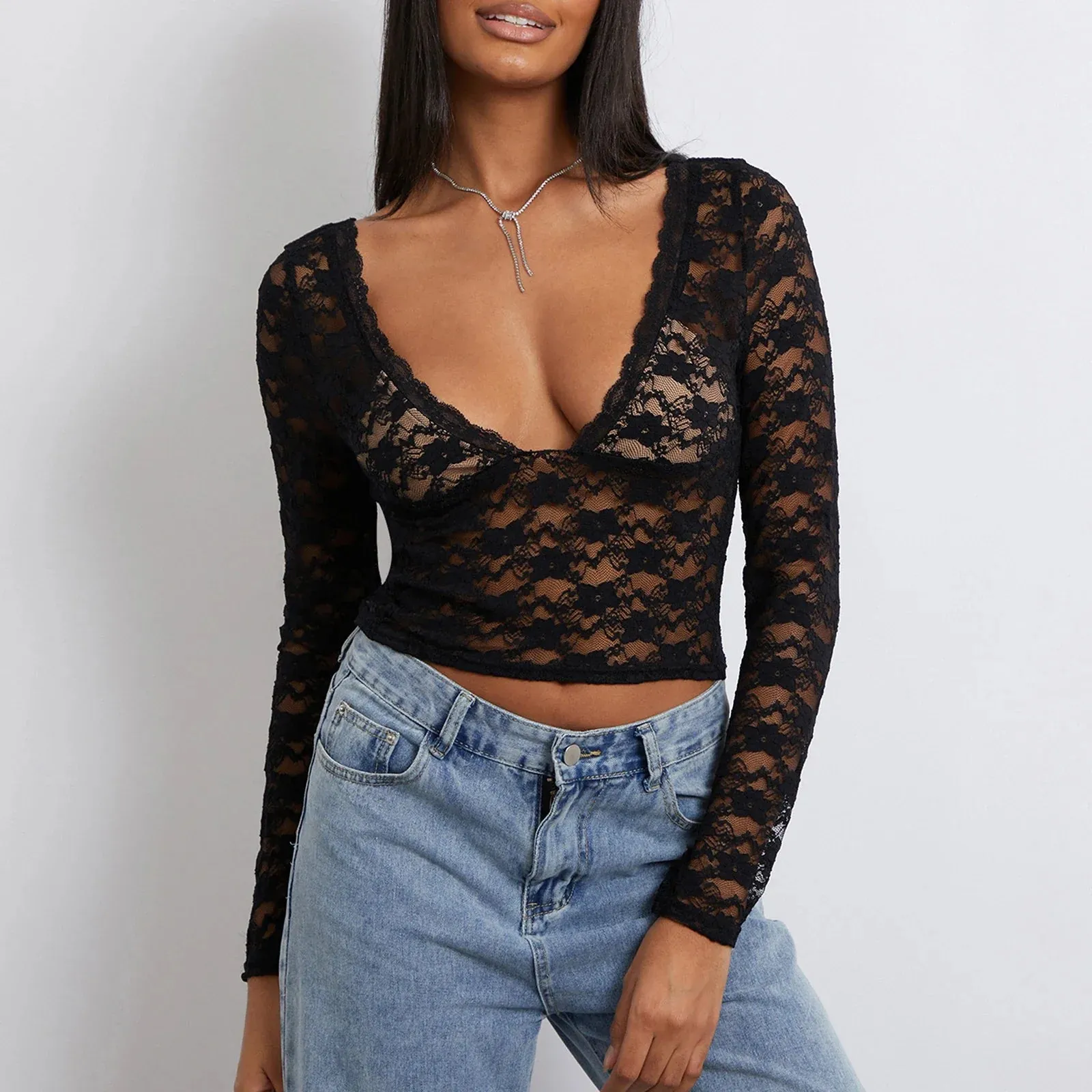 Lace Sheer Mesh Crop Fashion Hot Sale V-neck Long Sleeve Going Out Tee Party Clubwear Sexy T-shirt